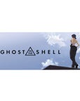 36x16 inches anime girl desk pad with Motoko rooftop pose, bold Ghost in the Shell sci-fi lettering.
