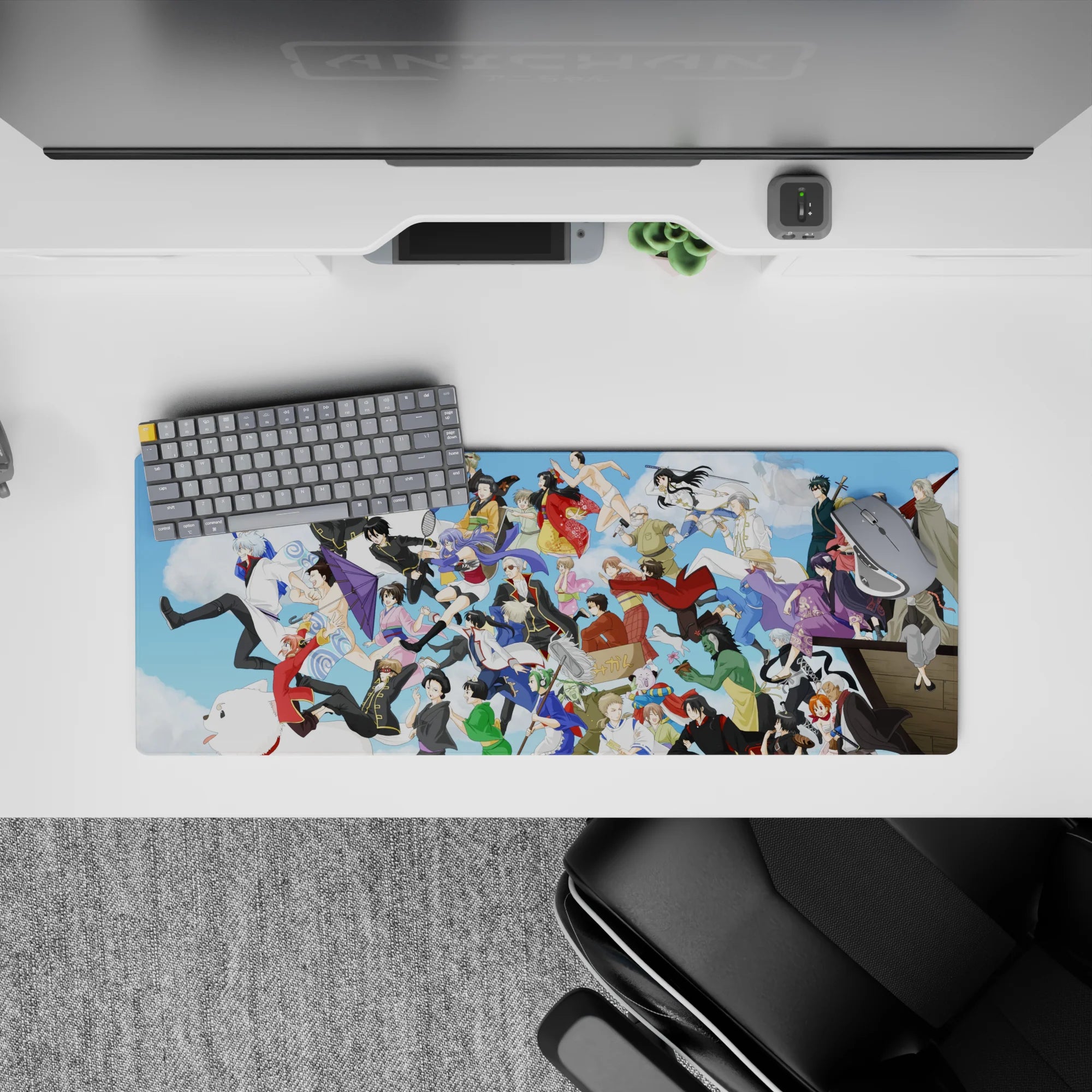 32x12 inches anime desk pad with bright blue sky, soft clouds, and playful chaotic Gintama energy.
