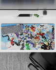 Bright blue Gintama desk pad 32x16 inches with playful chaos, soft clouds, and colorful costumes.