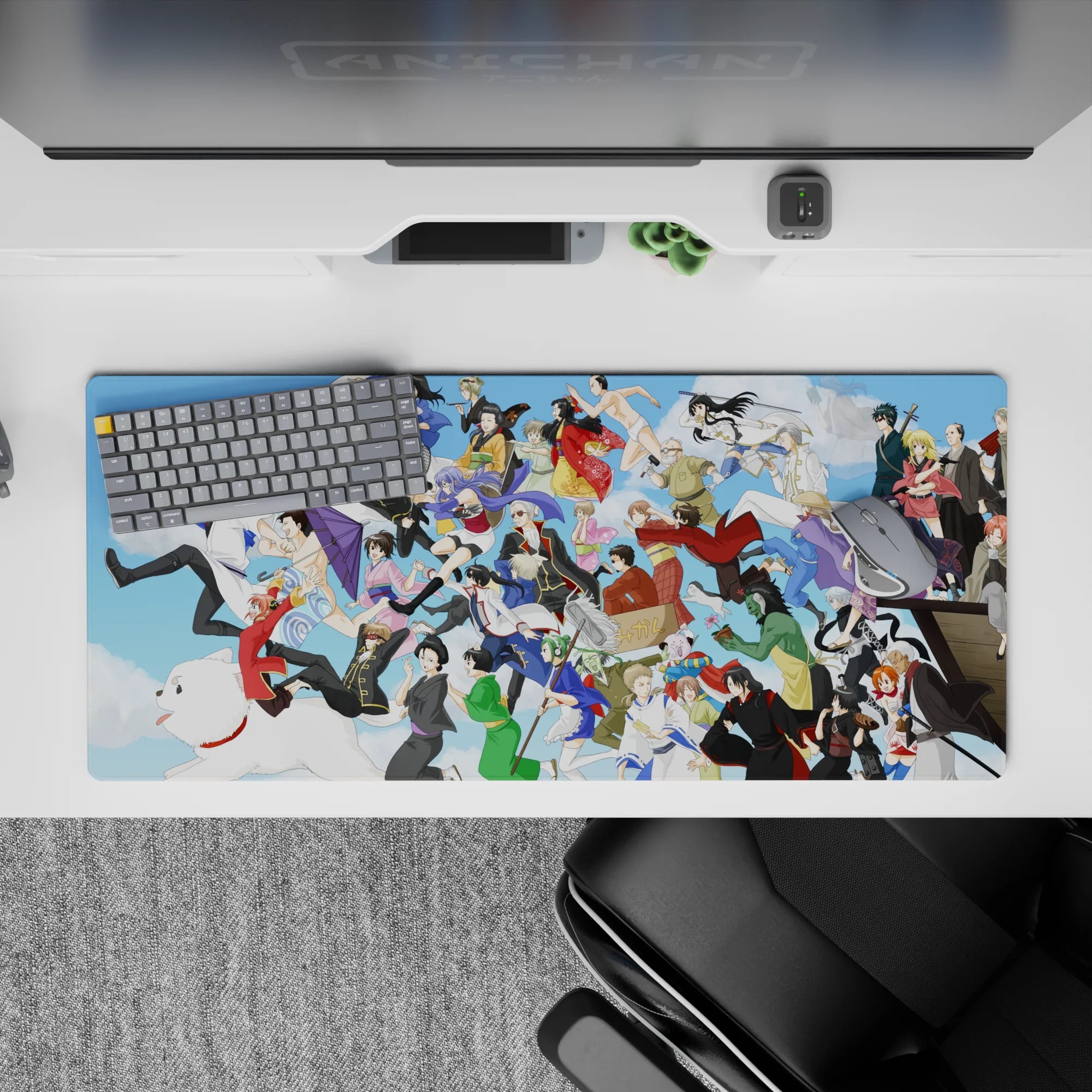 Colorful anime mouse pad 36x16 inches with playful chaos, soft clouds, and nostalgic energy.