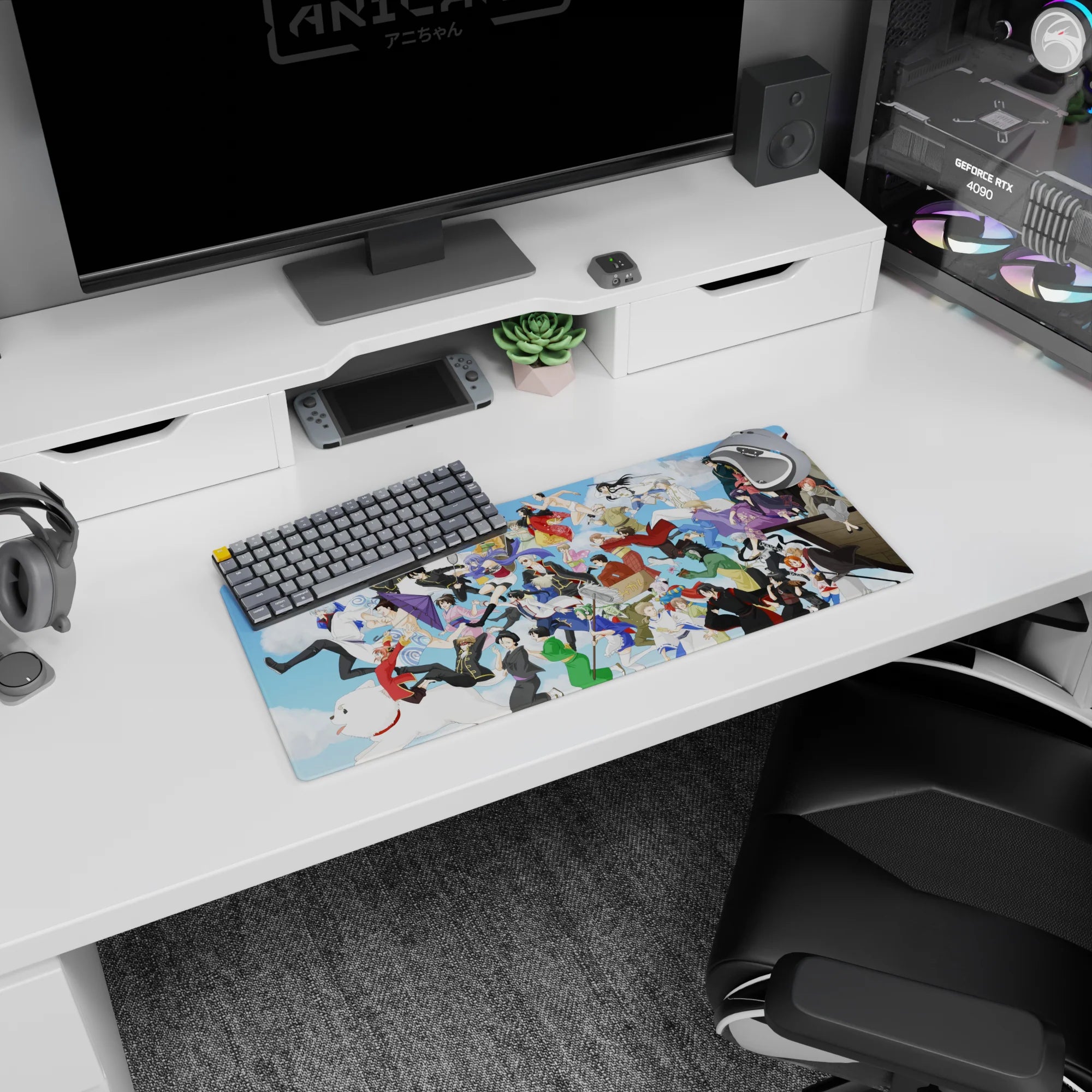 Gintoki and the Gintama crew anime mouse pad 28x12 inches racing across a bright sky scene.