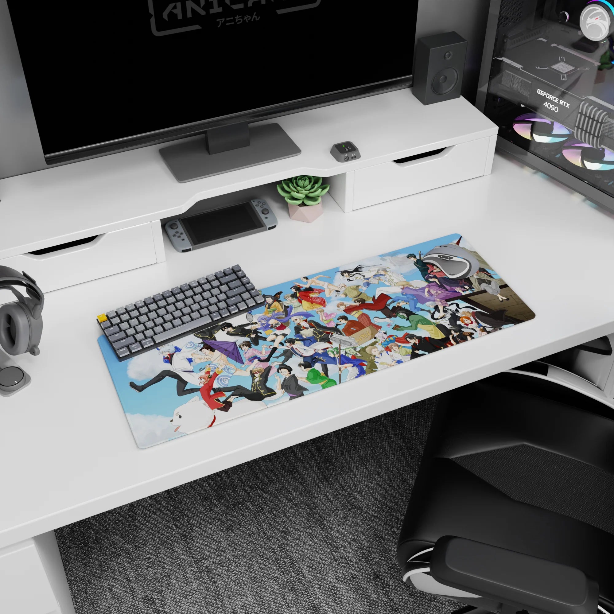Gintoki, Kagura, and Shinpachi on a 32x12 inches anime mouse pad in a fast, funny sky scene.
