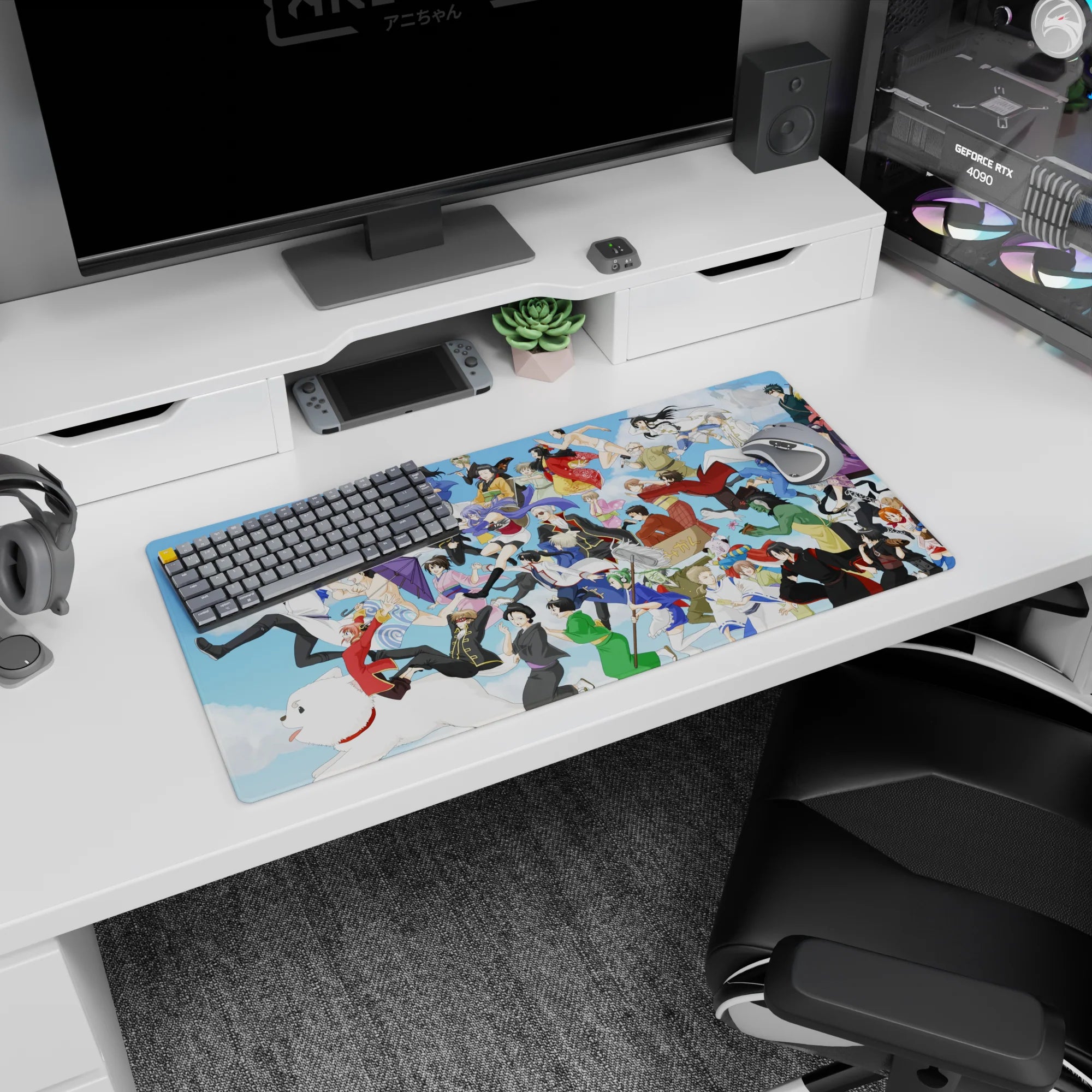 Gintoki and the Gintama cast race through the sky on a 32x16 inches anime mouse pad.