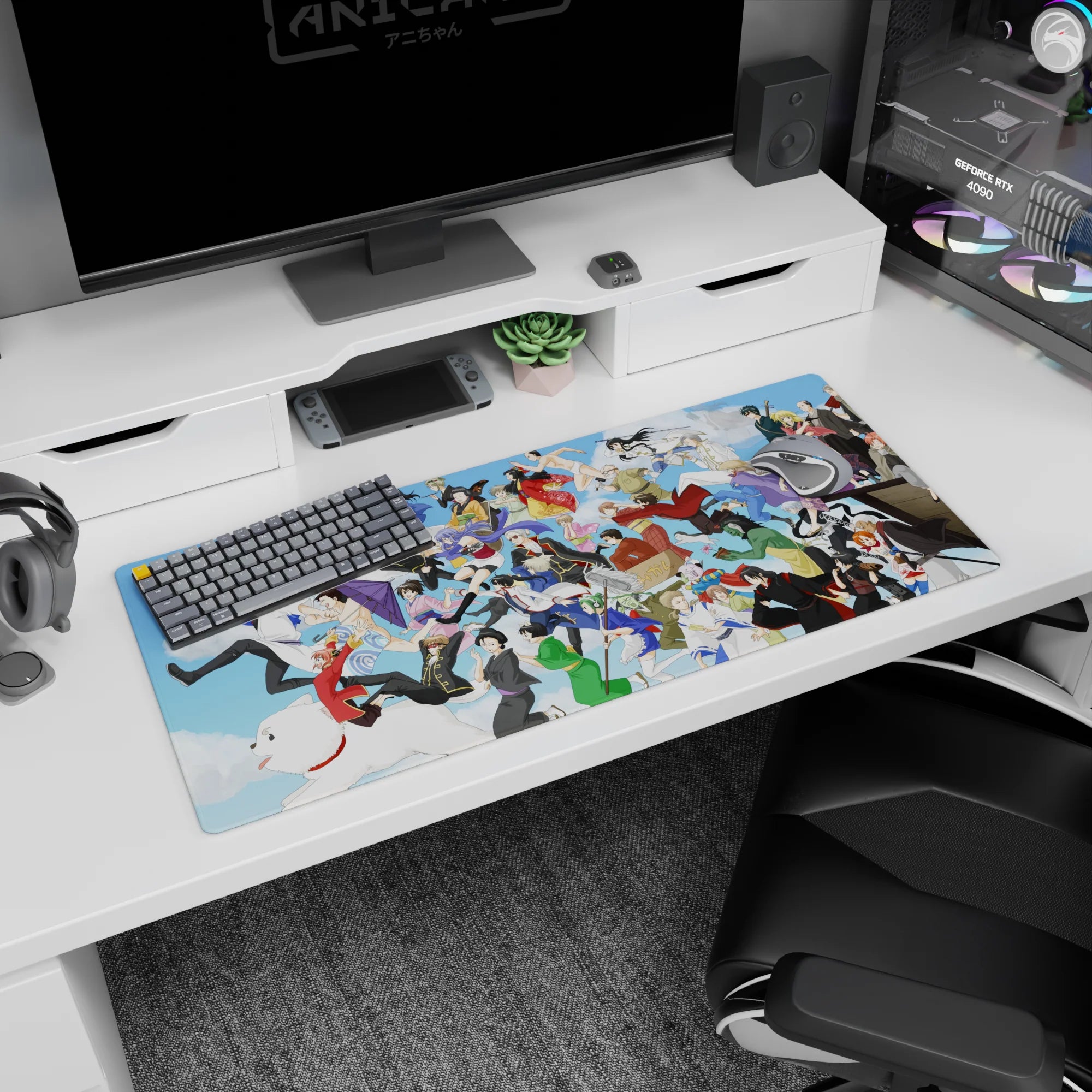 Gintoki and friends anime desk pad 36x16 inches in a fast, funny sky scene with fan favorites.