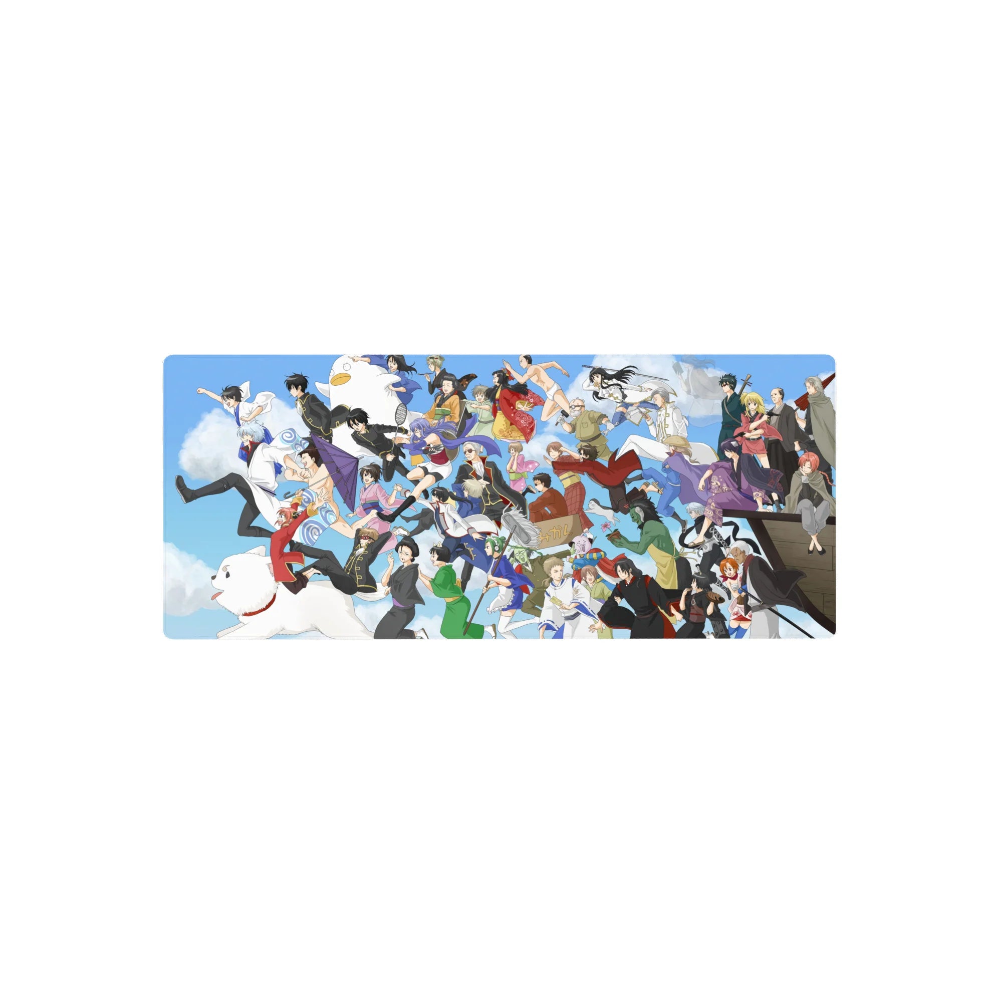 Gintama anime mouse pad 28x12 inches with a lively sky scene and crowded cast in motion.