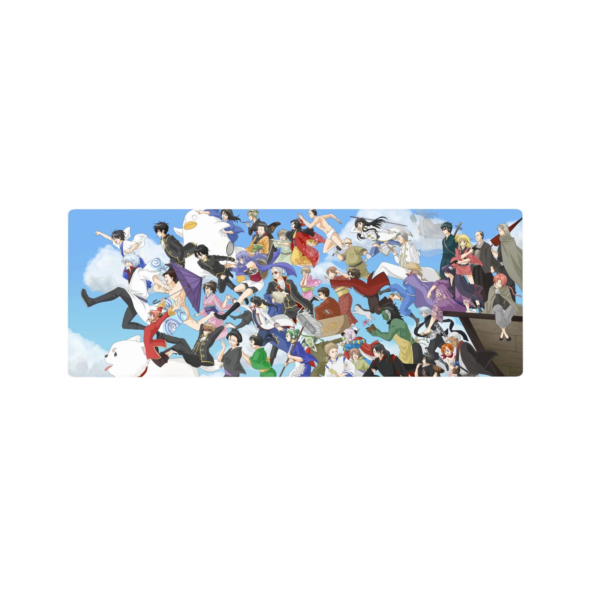 Gintama anime mouse pad 32x12 inches with a lively cast racing across a bright blue sky scene.