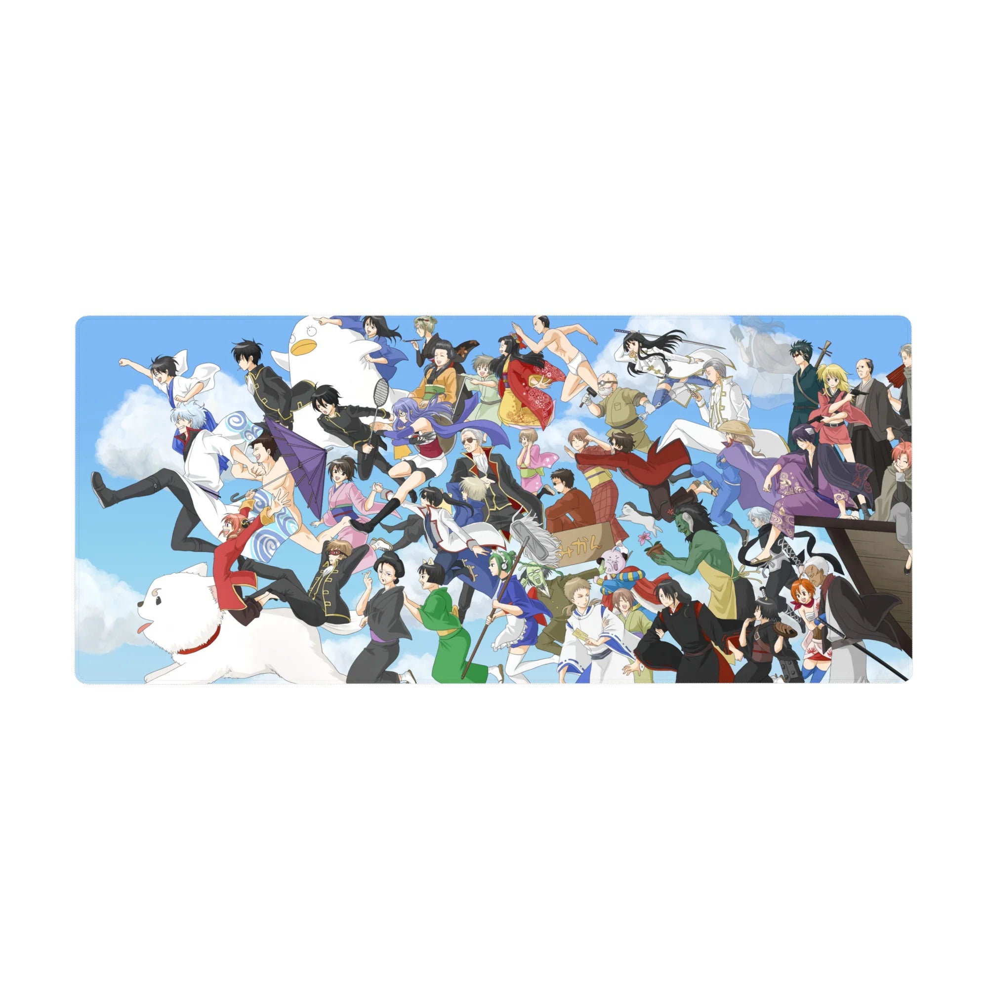 Gintama anime desk pad 36x16 inches with a lively cast racing under a bright blue sky.