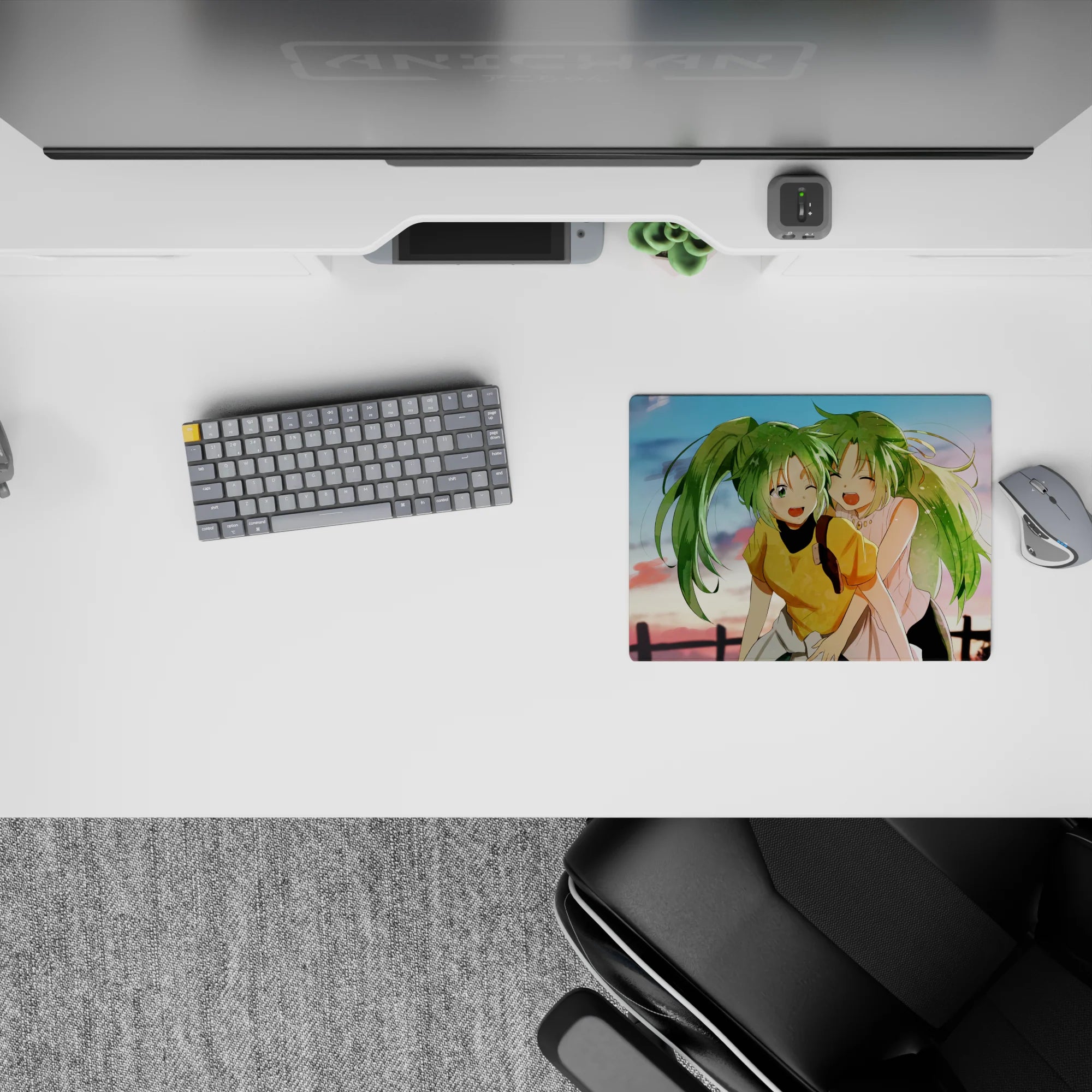 Cute 14x10 inches anime mouse pad in lime green, soft pink and gold sunset tones, cozy feel-good vibe.