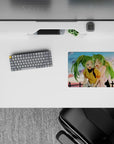 Cute 14x10 inches anime mouse pad in lime green, soft pink and gold sunset tones, cozy feel-good vibe.