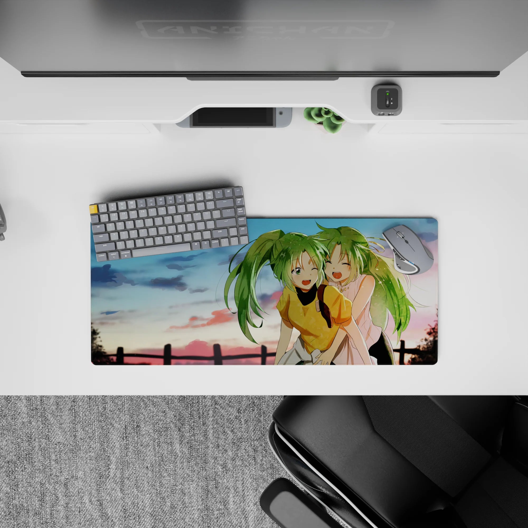 28x12 inches anime girl mouse pad in lime green hair and soft pink-gold sunset tones, cozy feel-good vibe.