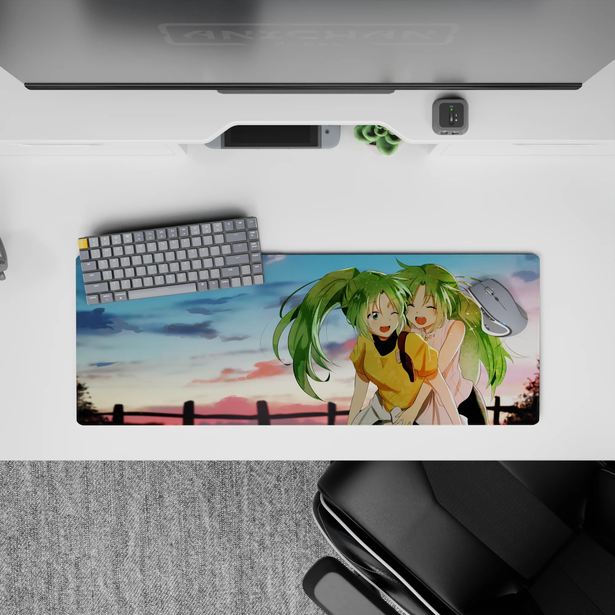 Anime girl mouse pad 32x12 inches in lime green, soft pink and gold tones, cozy feel-good desk mat.