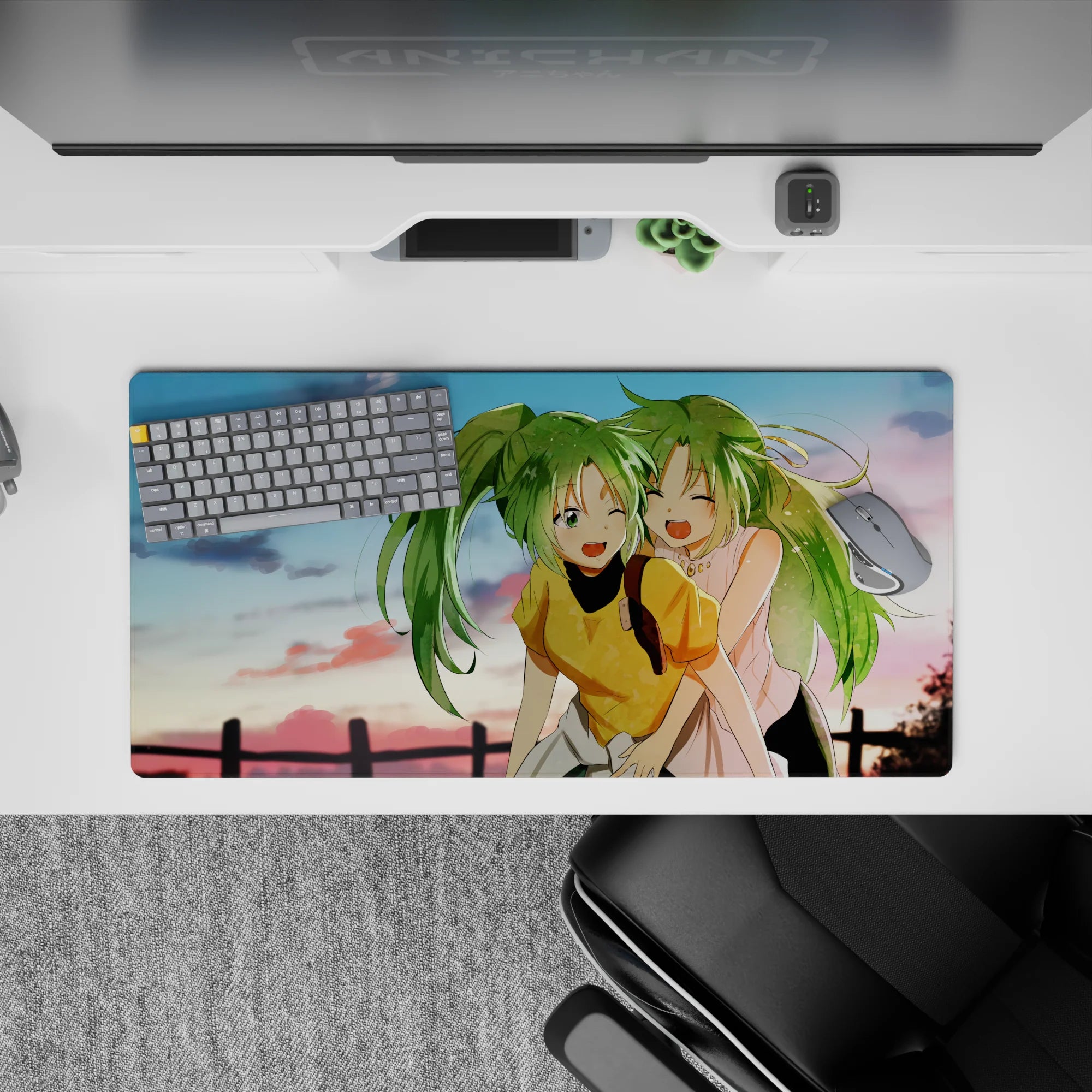 32x16 inches anime girl mouse pad in lime green hair, soft pink-gold sky, warm blush feel-good vibe.
