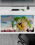 32x16 inches anime girl mouse pad in lime green hair, soft pink-gold sky, warm blush feel-good vibe.