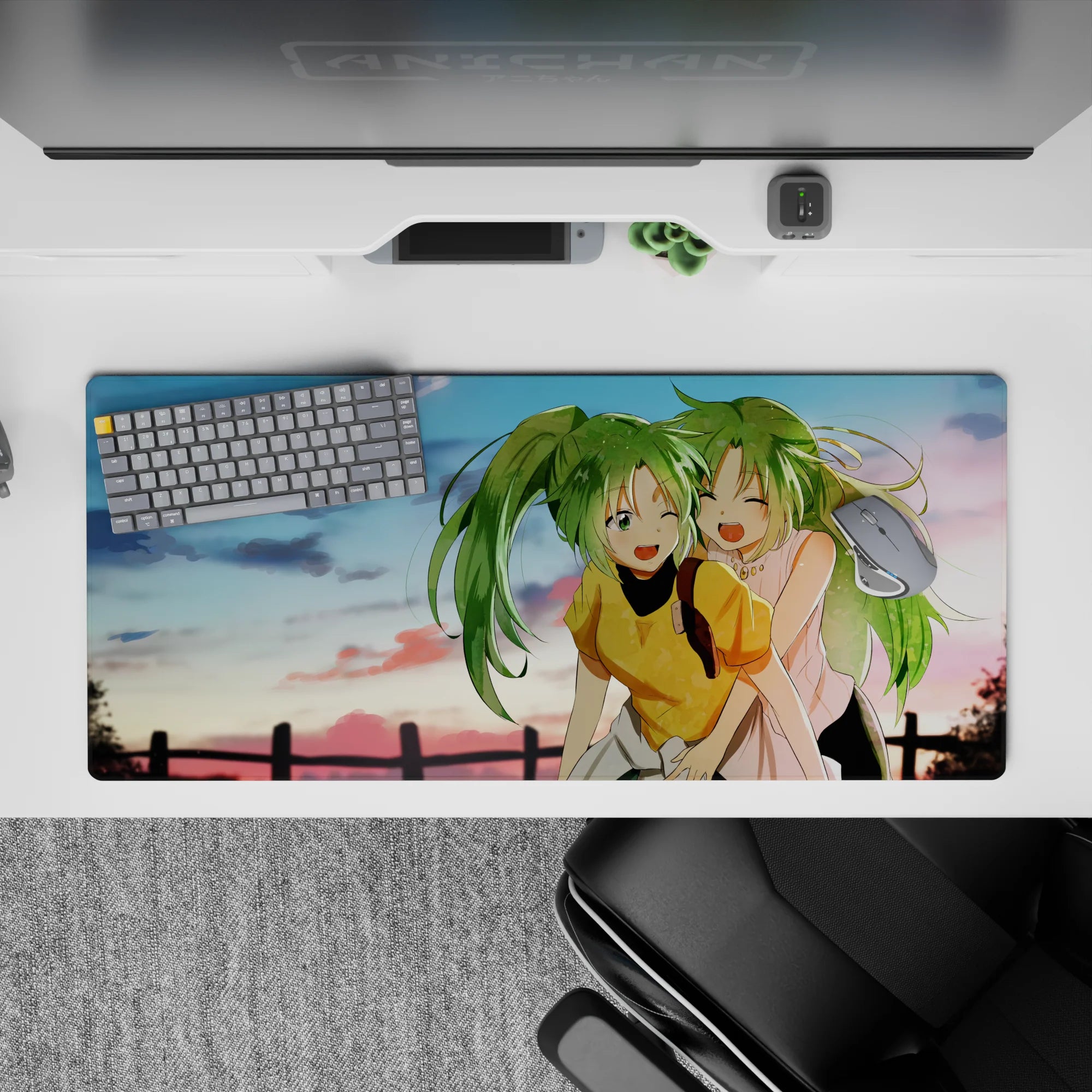 Cute anime desk pad 36x16 inches in lime green hair and warm pink-gold blush tones, feel-good vibe.