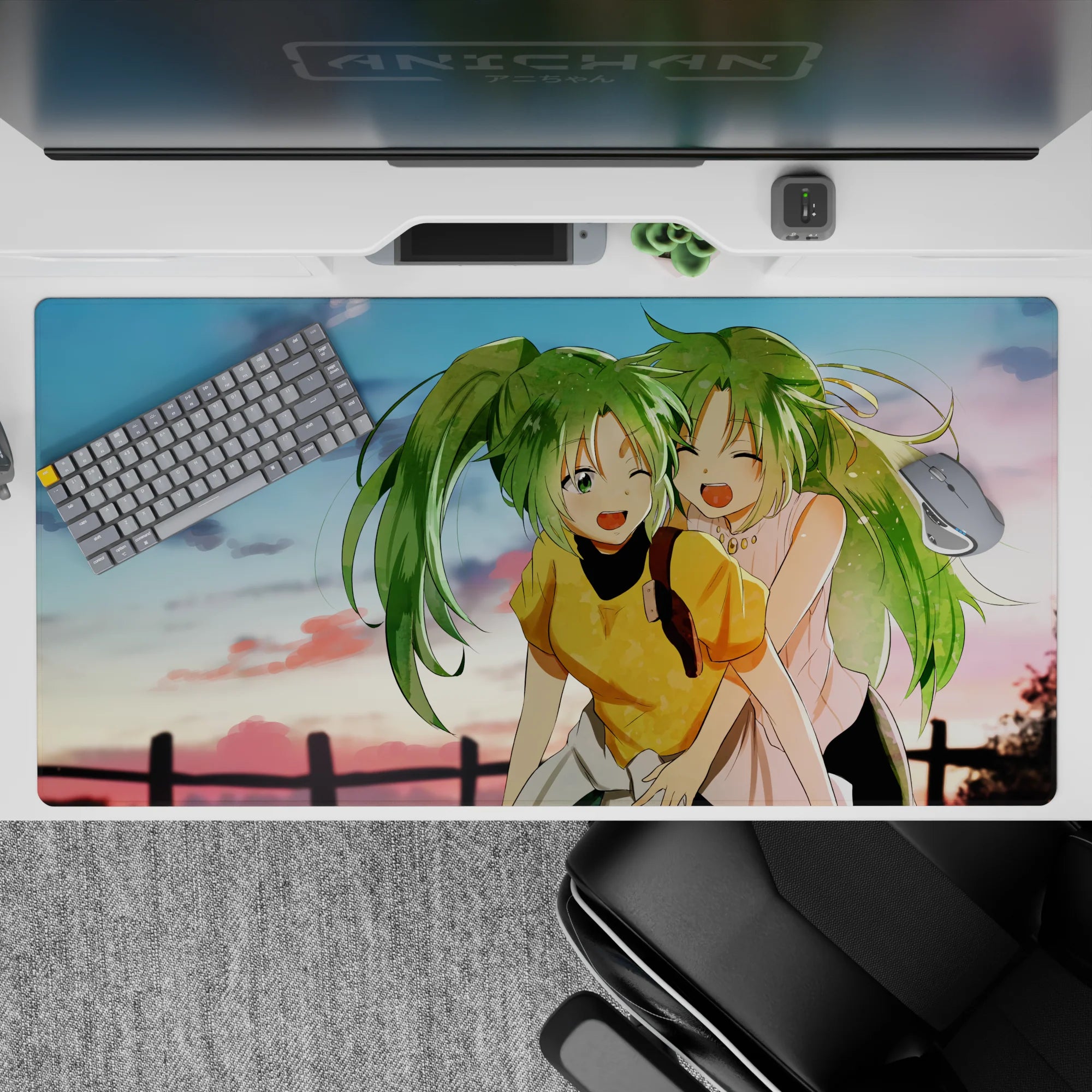 40x20 inches anime desk pad in lime green and soft pink-gold sunset tones, cozy feel-good vibe.