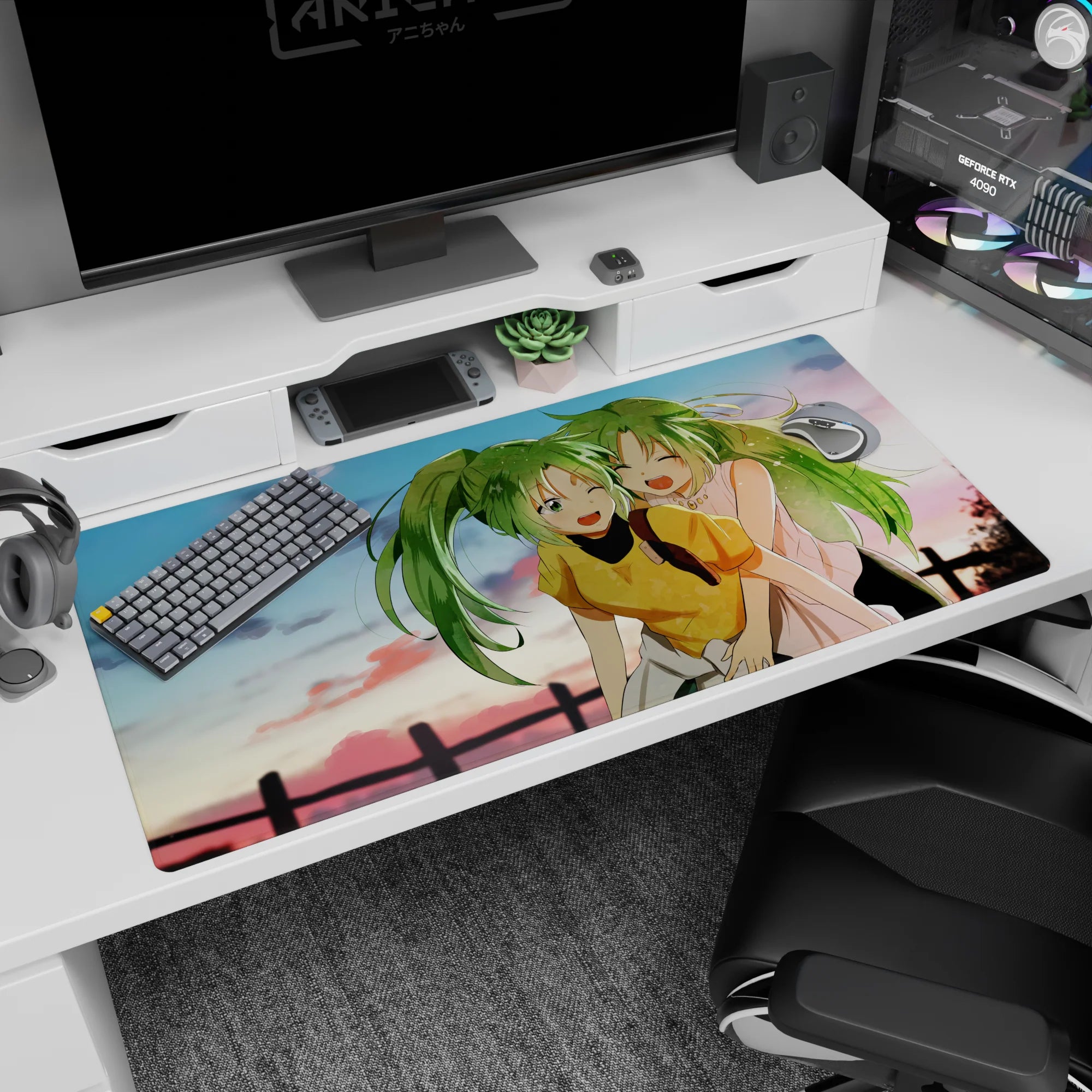 Anime desk pad 40x20 inches showing two green-haired besties with ponytails giggling by a fence at dusk.