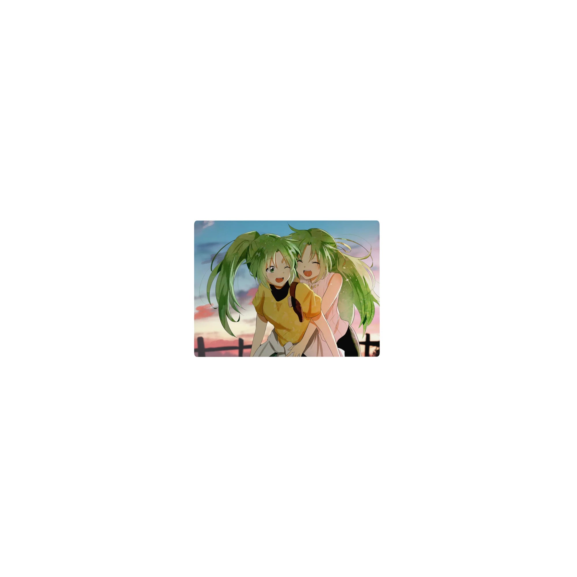 Classic anime girl mouse pad 14x10 inches with two green-haired besties giggling at sunset by a fence.