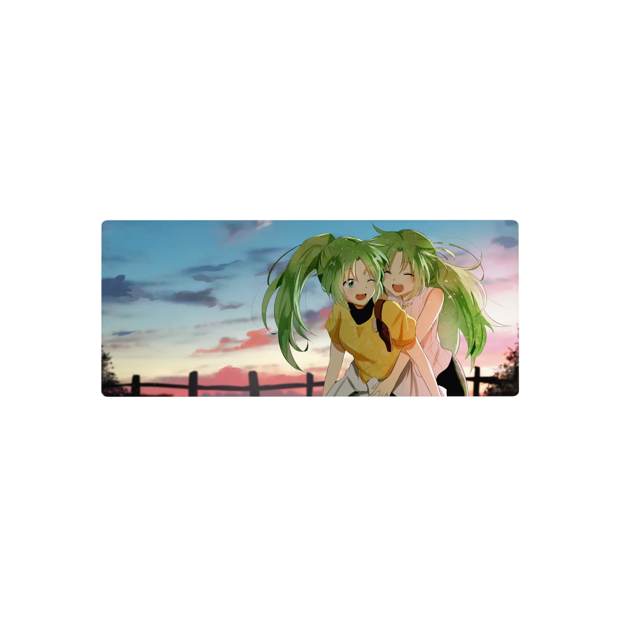28x12 inches anime girl mouse pad with two green-haired besties giggling at sunset by a quiet fence.