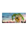28x12 inches anime girl mouse pad with two green-haired besties giggling at sunset by a quiet fence.
