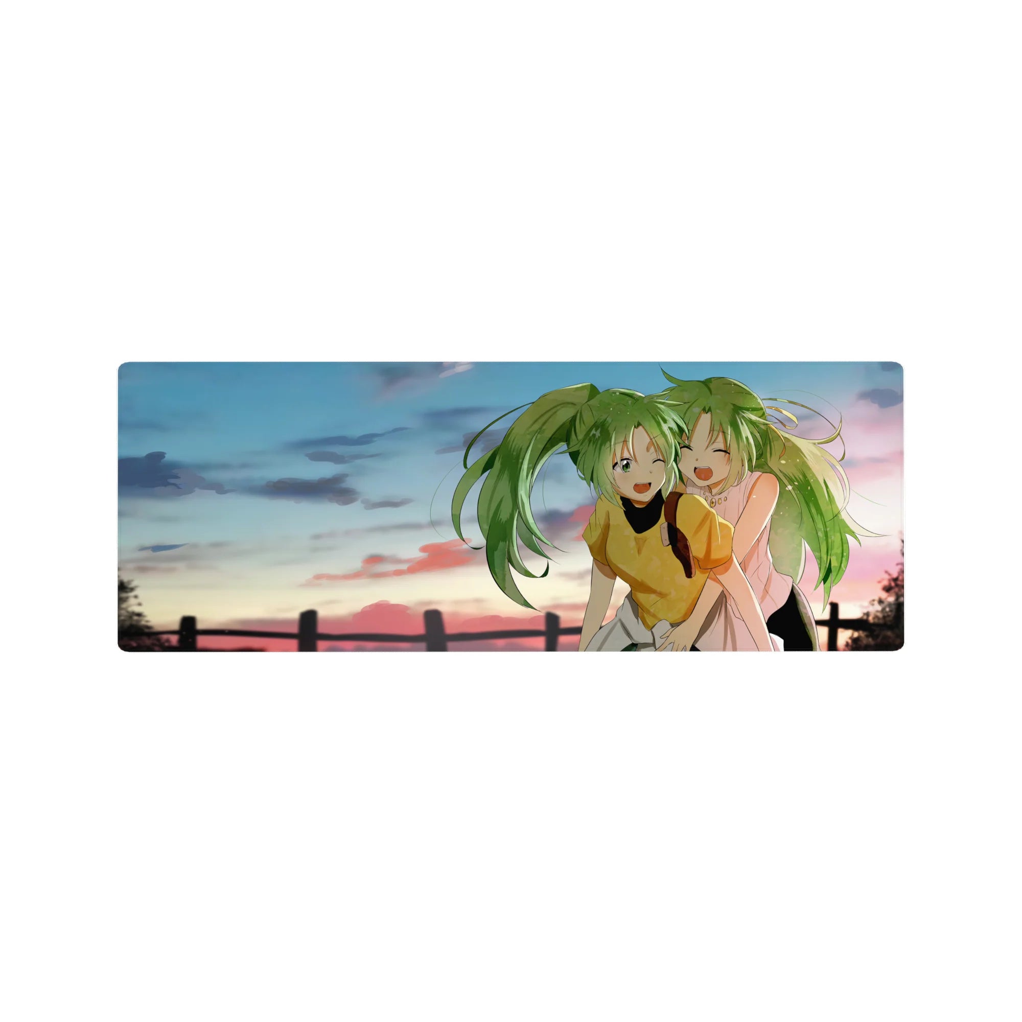 Anime girl mouse pad 32x12 inches with two green-haired besties, ponytails, playful wink at sunset.