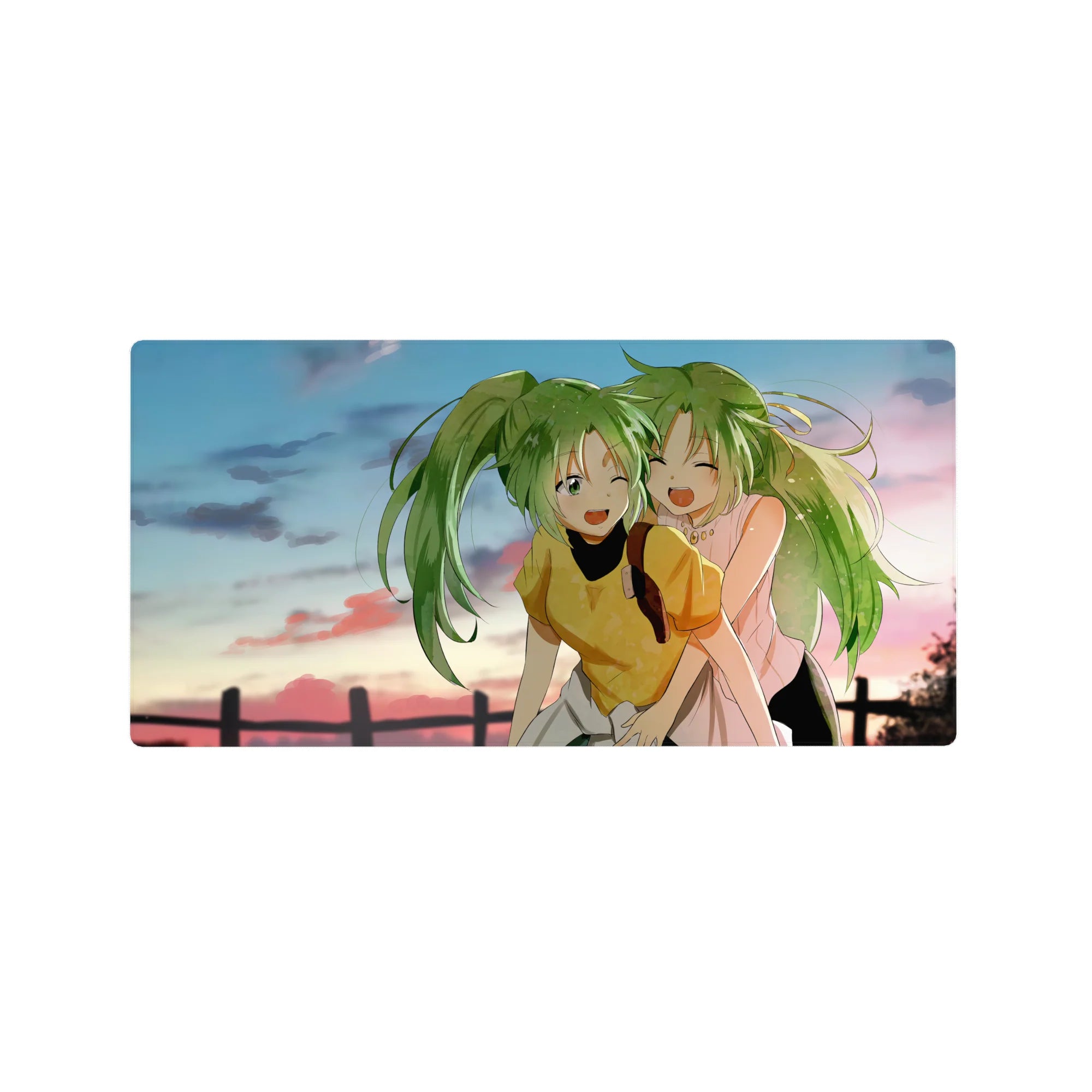 32x16 inches anime girl mouse pad with two green-haired besties giggling at sunset by a fence line.