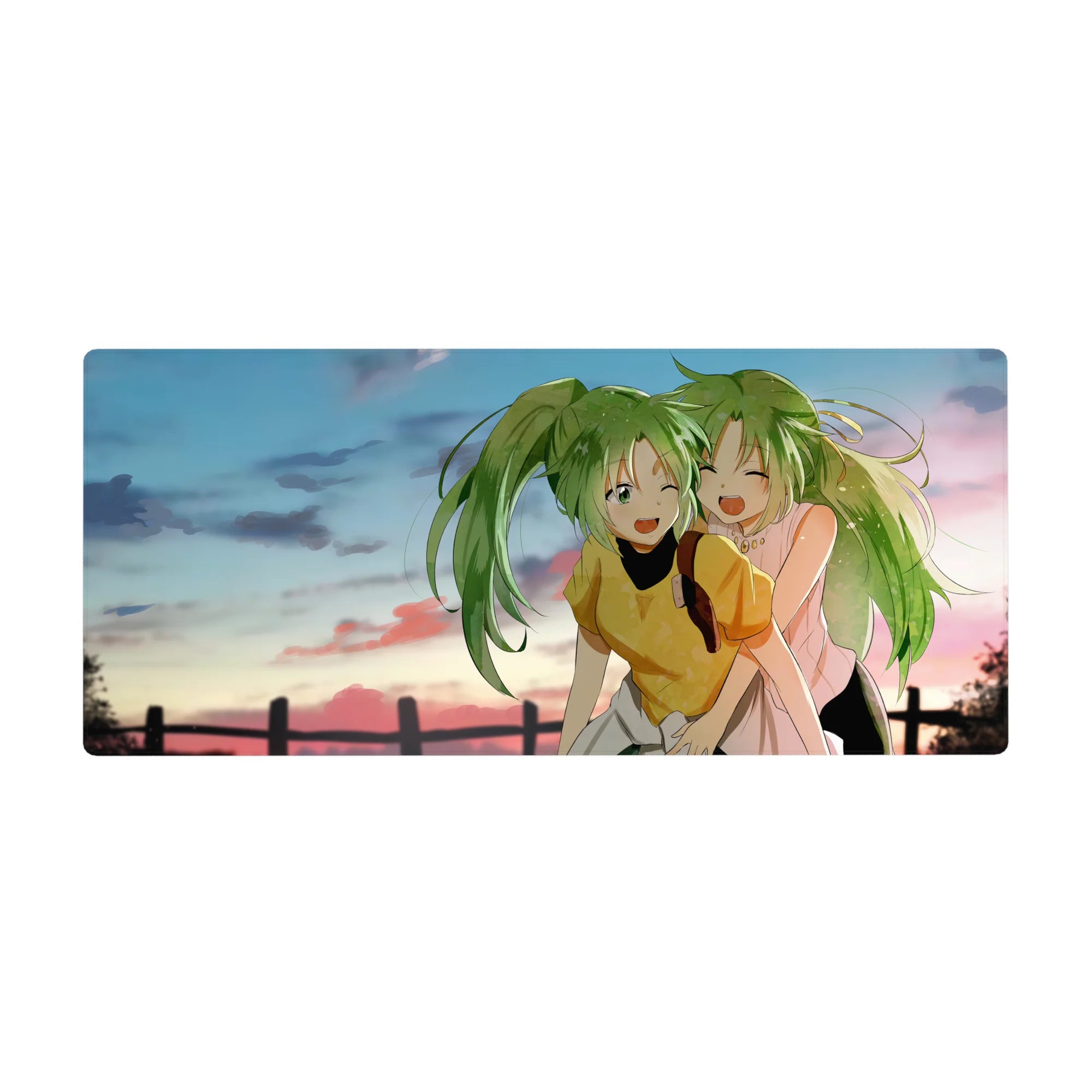 Anime girl desk pad 36x16 inches with two green-haired besties, playful wink, sunset fence backdrop.