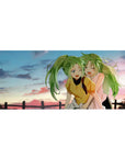 Anime girl desk pad 36x16 inches with two green-haired besties, playful wink, sunset fence backdrop.