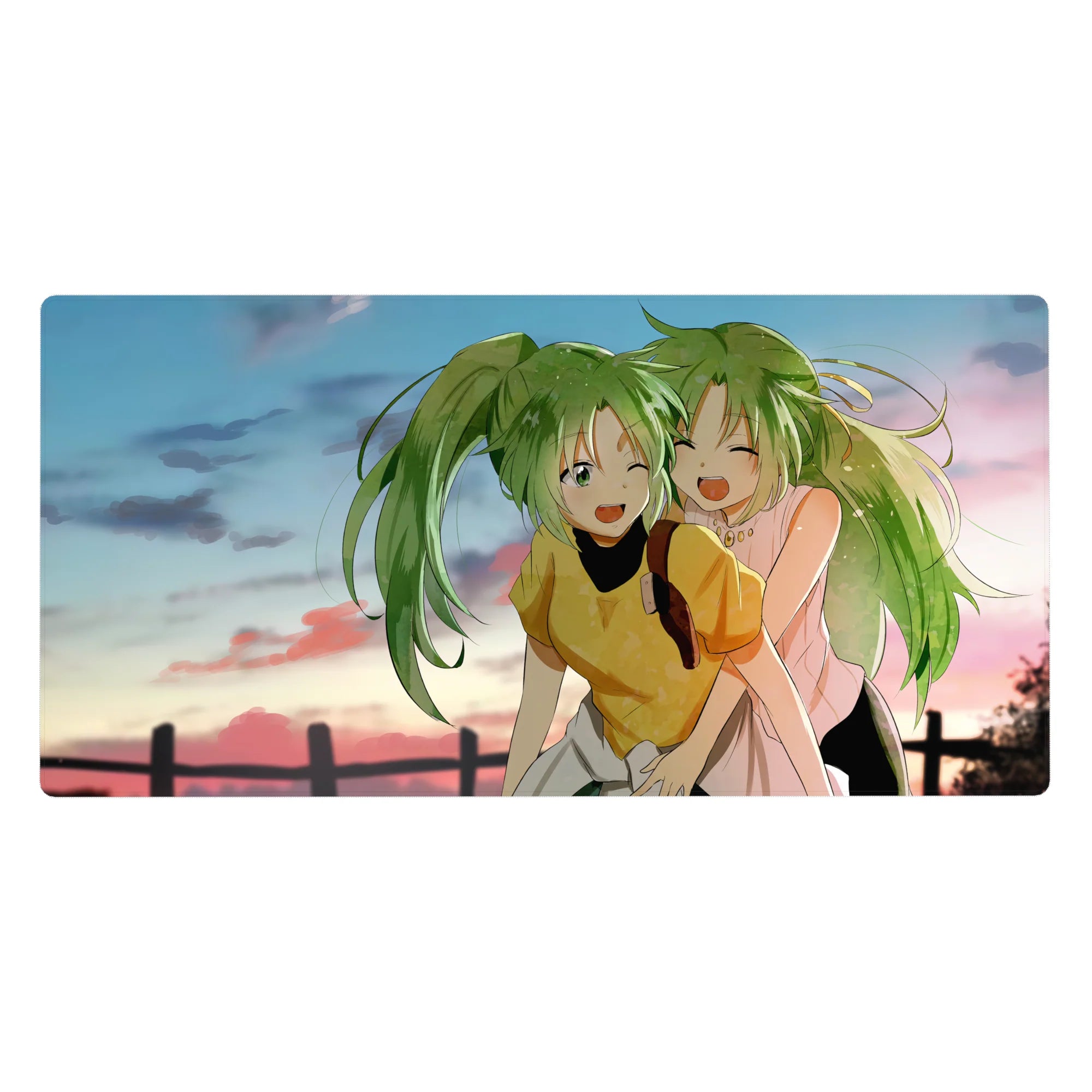 Anime girl desk pad 40x20 inches with two green-haired friends, sunset sky, and cute wink design.