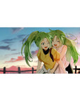 Anime girl desk pad 40x20 inches with two green-haired friends, sunset sky, and cute wink design.