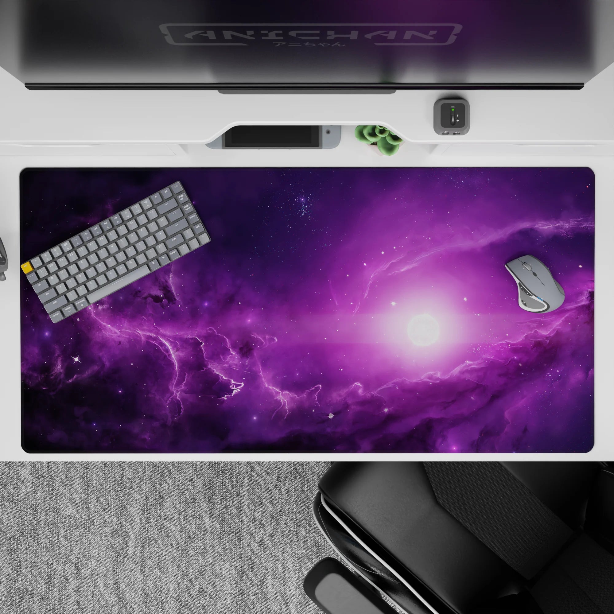 Deep purple desk pad 40x20 inches with smoky nebula clouds and a calming moonlike glow.