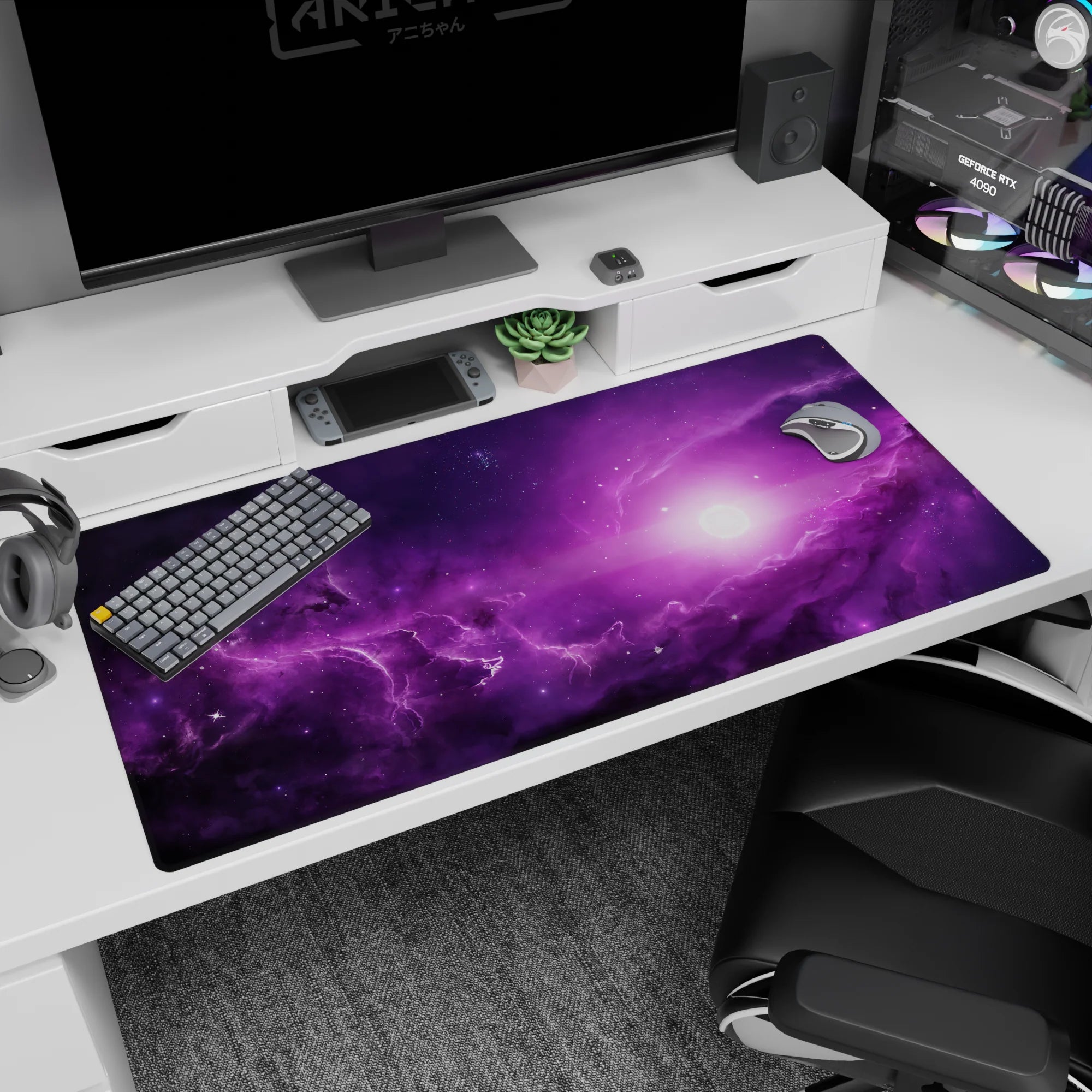 Bright moon glow scene desk pad 40x20 inches in a purple nebula with lightning-like cosmic veins.