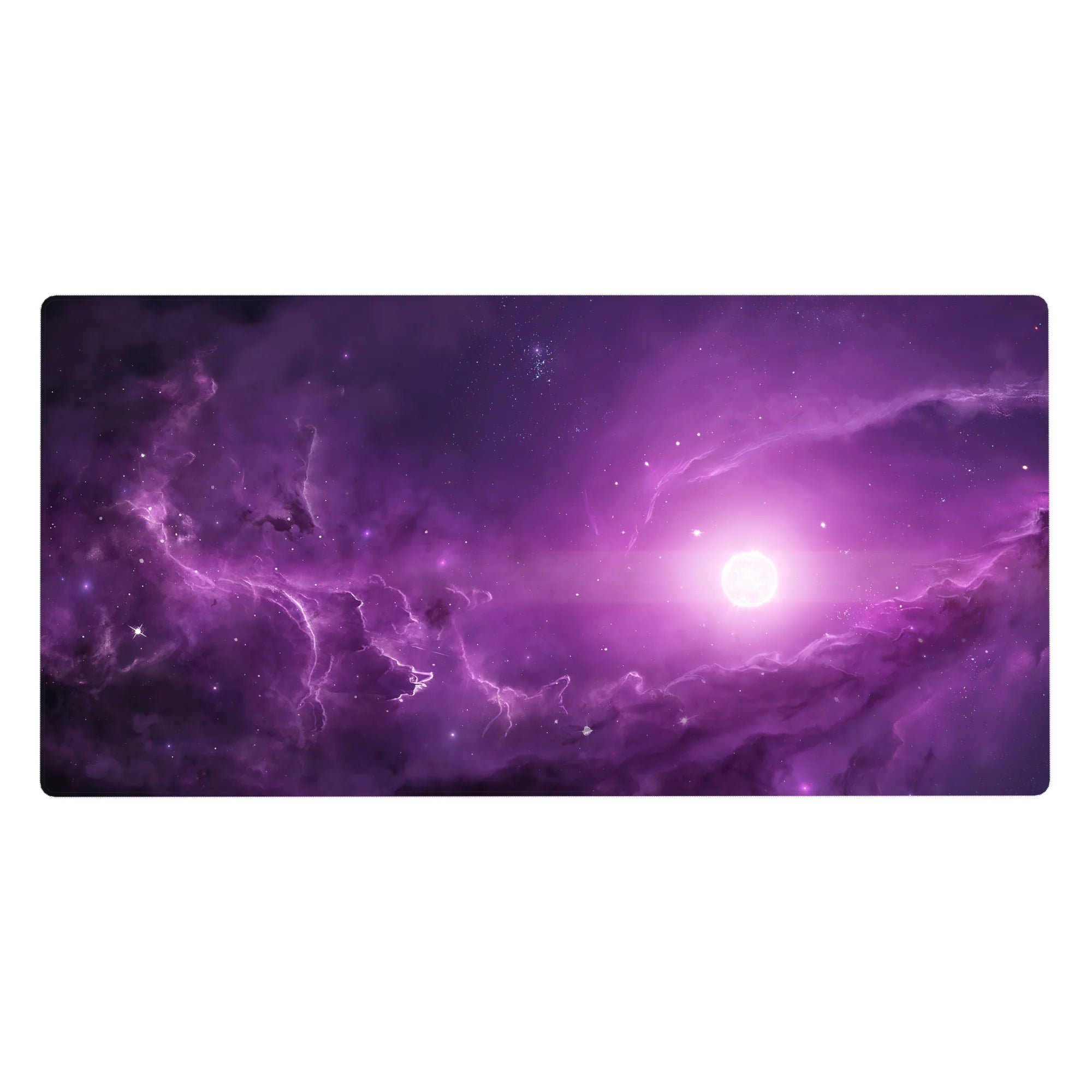 Violet galaxy desk pad 40x20 inches with nebula swirls, star specks, and cosmic marble veins.