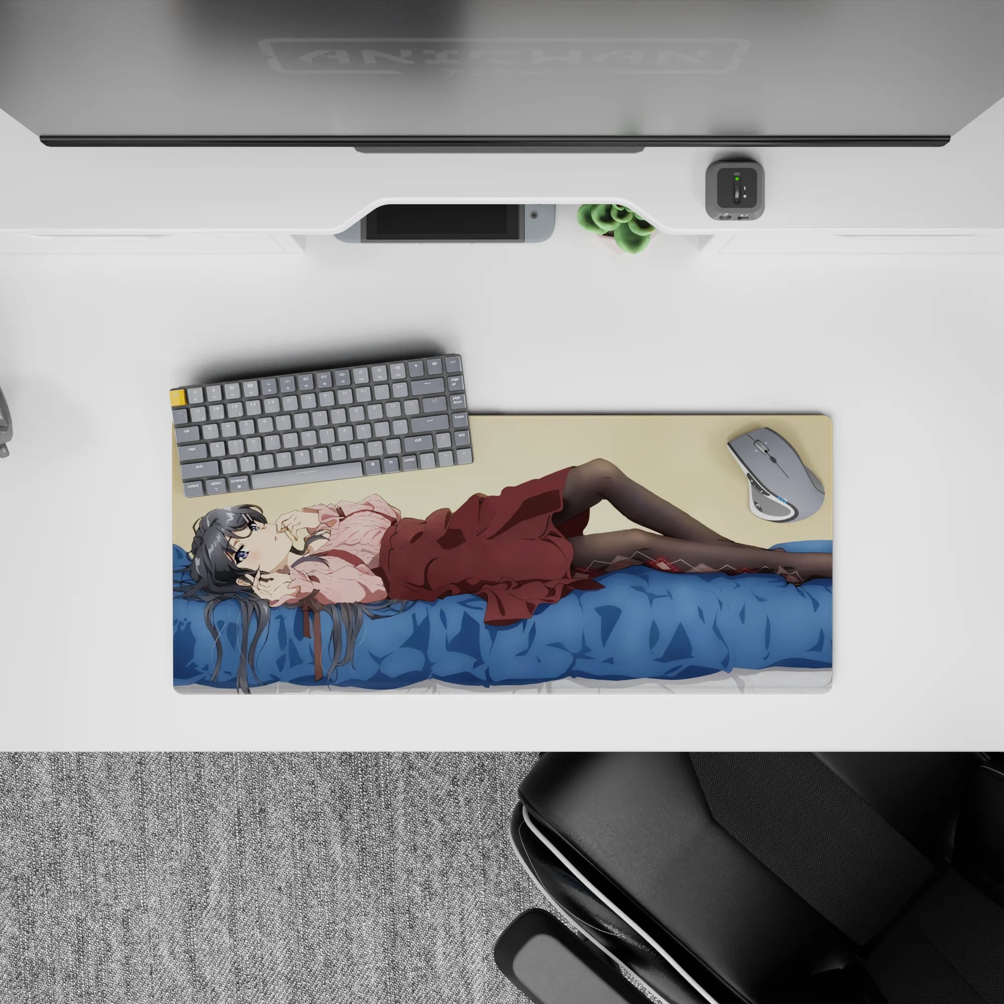 28x12 inches cozy pastel anime mouse pad in cream, pink frills, maroon skirt, and black diamond tights.