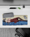 28x12 inches cozy pastel anime mouse pad in cream, pink frills, maroon skirt, and black diamond tights.