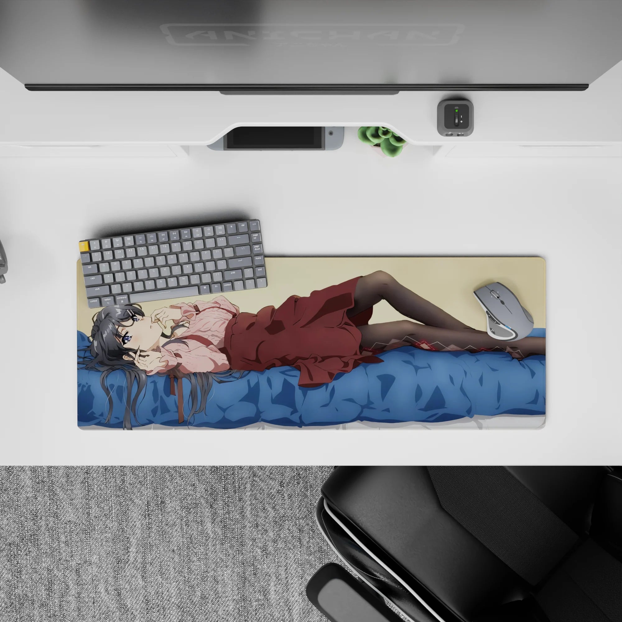 32x12 inches kawaii anime mouse pad in warm cream, pink frills, maroon skirt, black diamond tights.