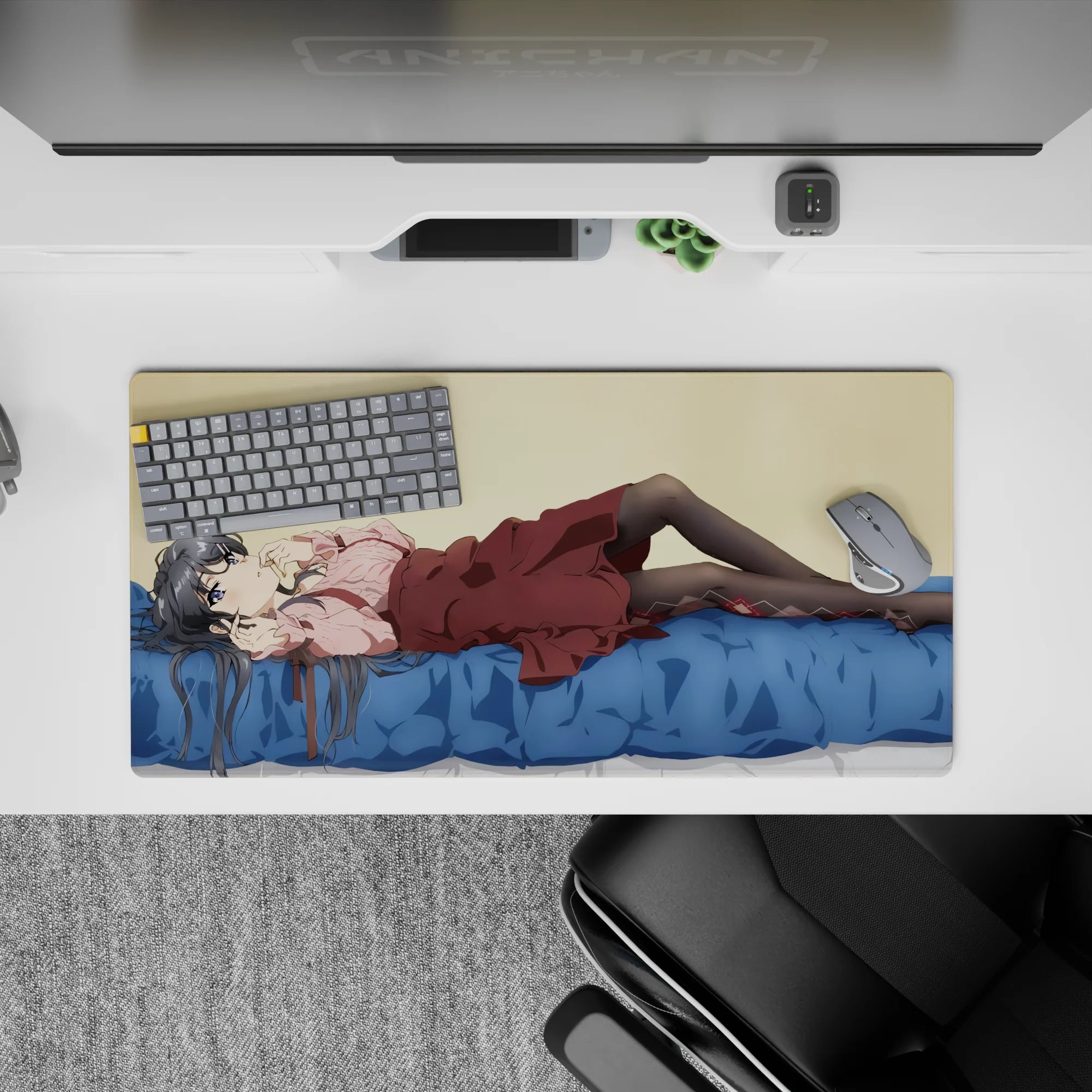 32x16 inches anime mouse pad in soft cream, blue, pink, and maroon for a calm, cozy kawaii vibe.