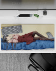 32x16 inches anime mouse pad in soft cream, blue, pink, and maroon for a calm, cozy kawaii vibe.