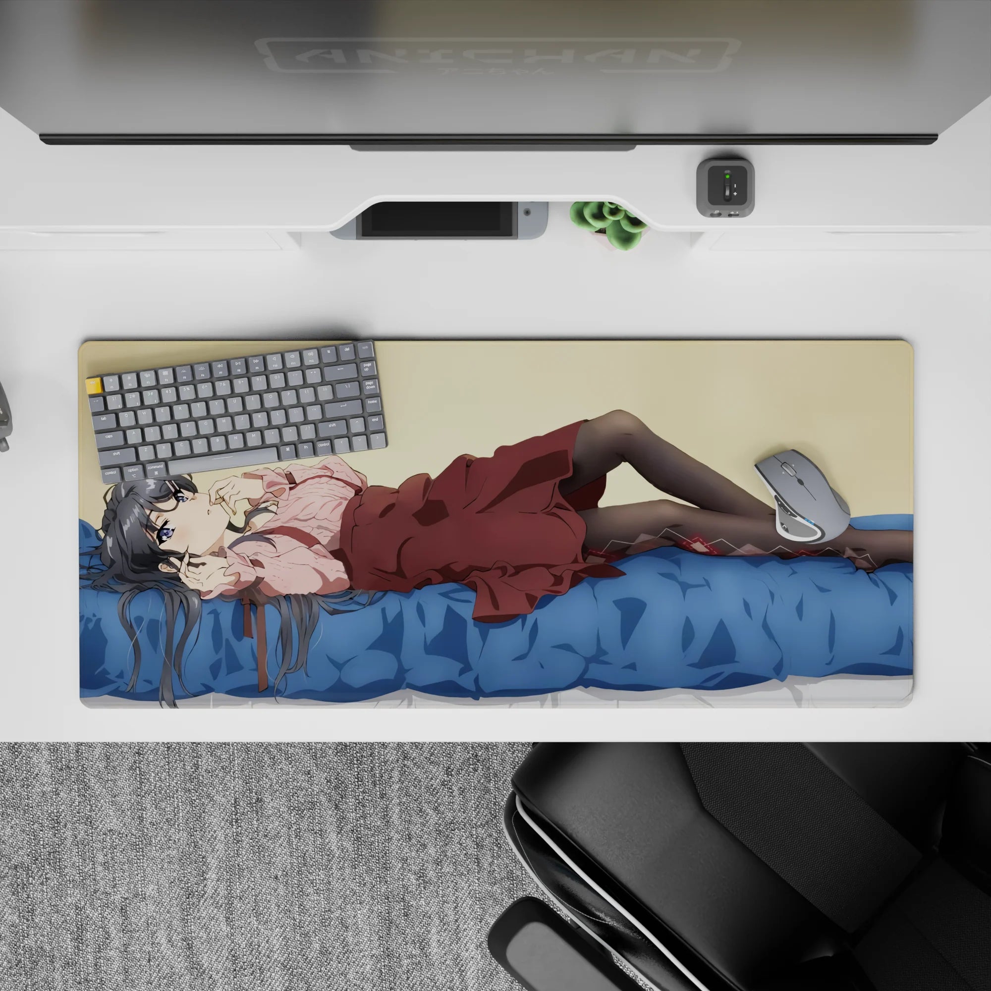 36x16 inches cozy desk pad in cream, blue, pink, and maroon tones with calm anime vibe.