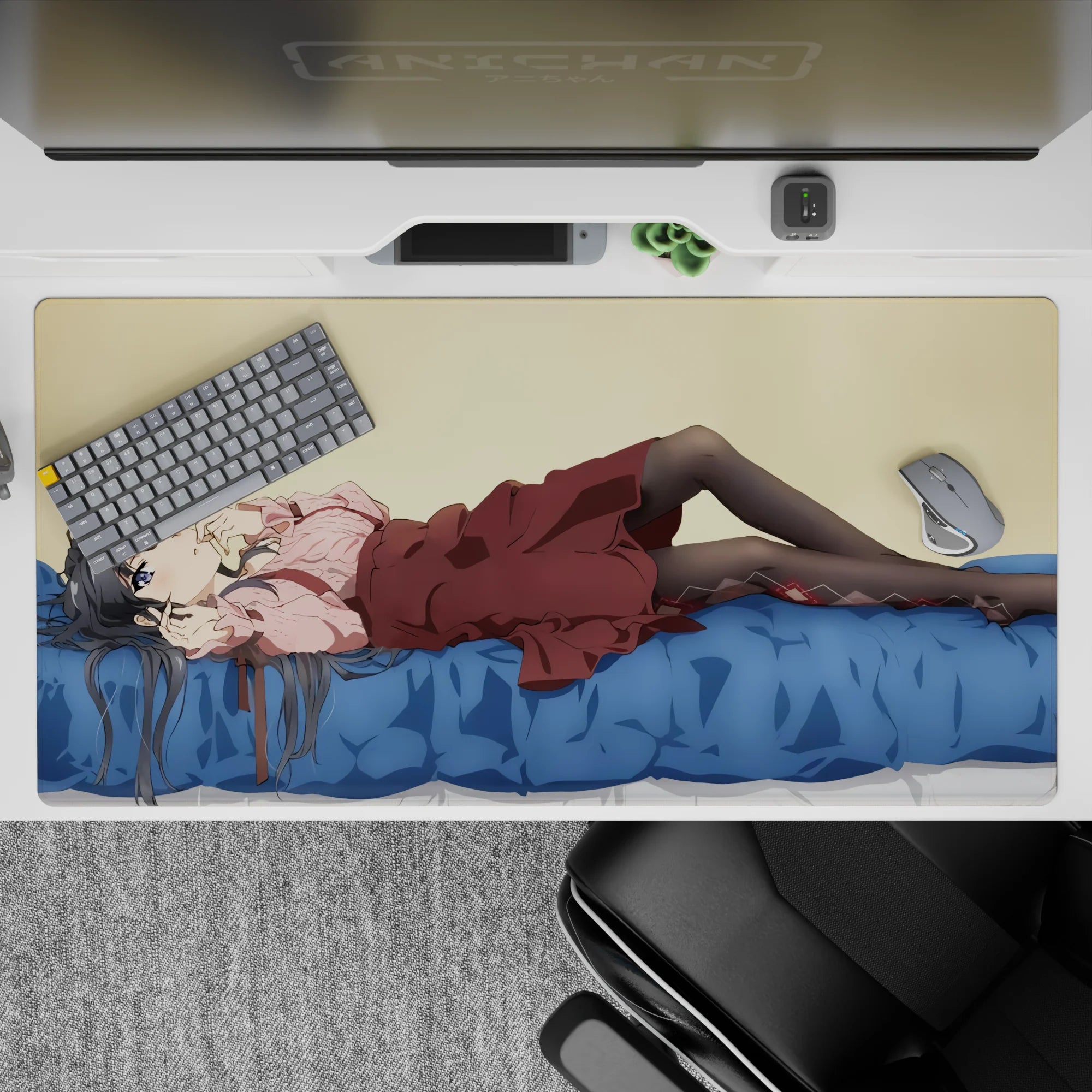 Cozy pastel anime desk pad 40x20 inches in cream, blue, pink frills and maroon accents, calm vibe.