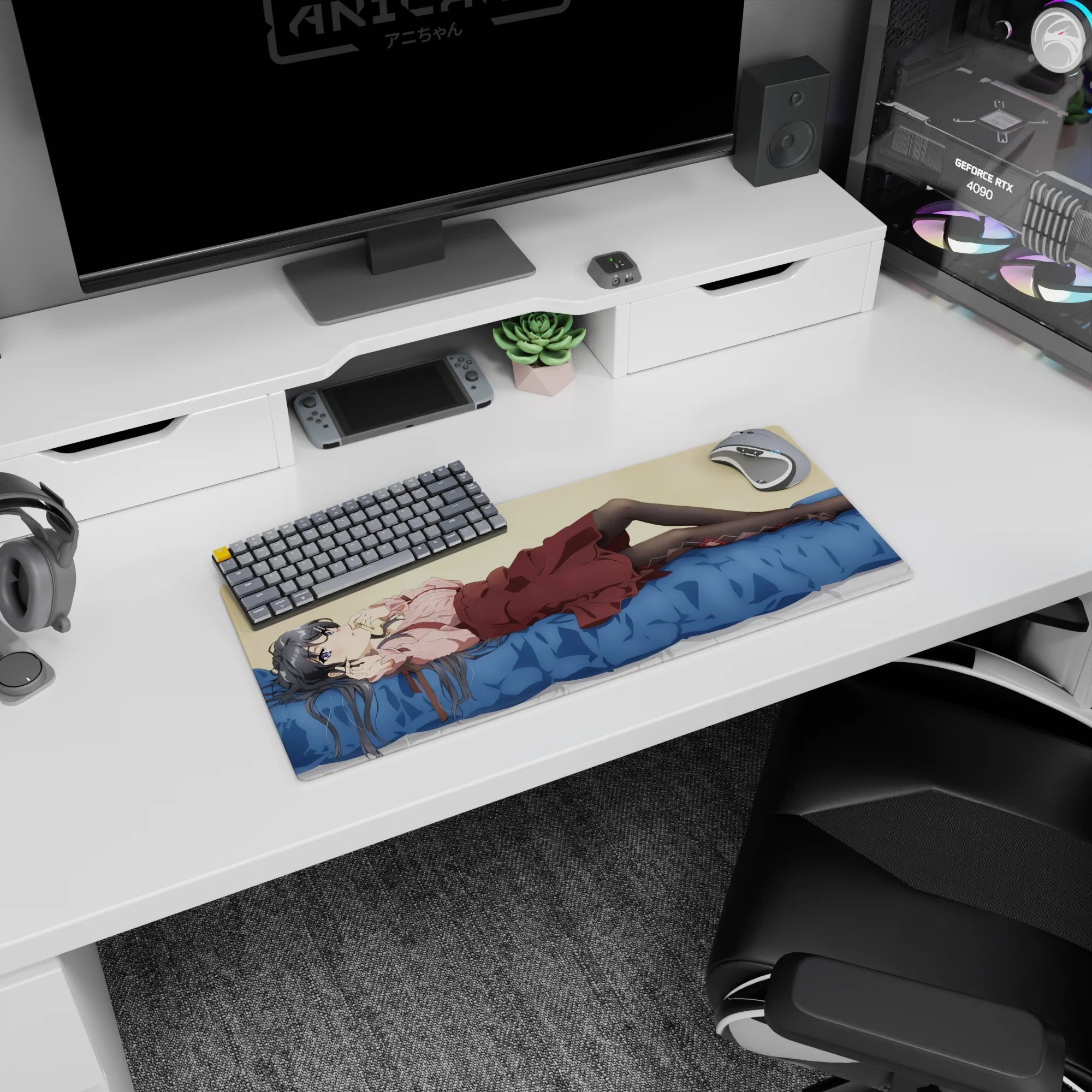 28x12 inches anime girl mouse pad showing silver-haired girl reclining on blue sheets with sparkling eyes.