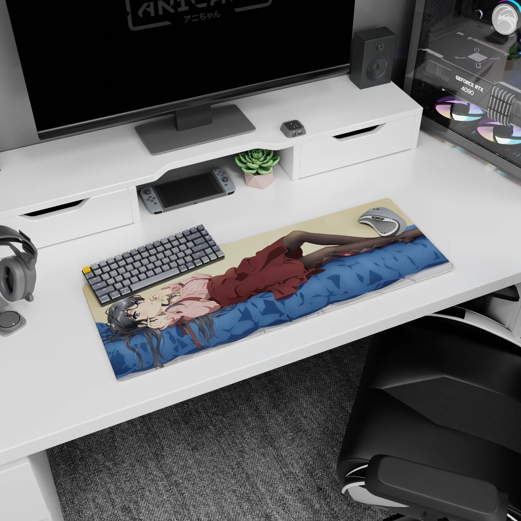 32x12 inches extended mouse pad showing a silver-haired anime girl lounging on bed, sparkling eyes.