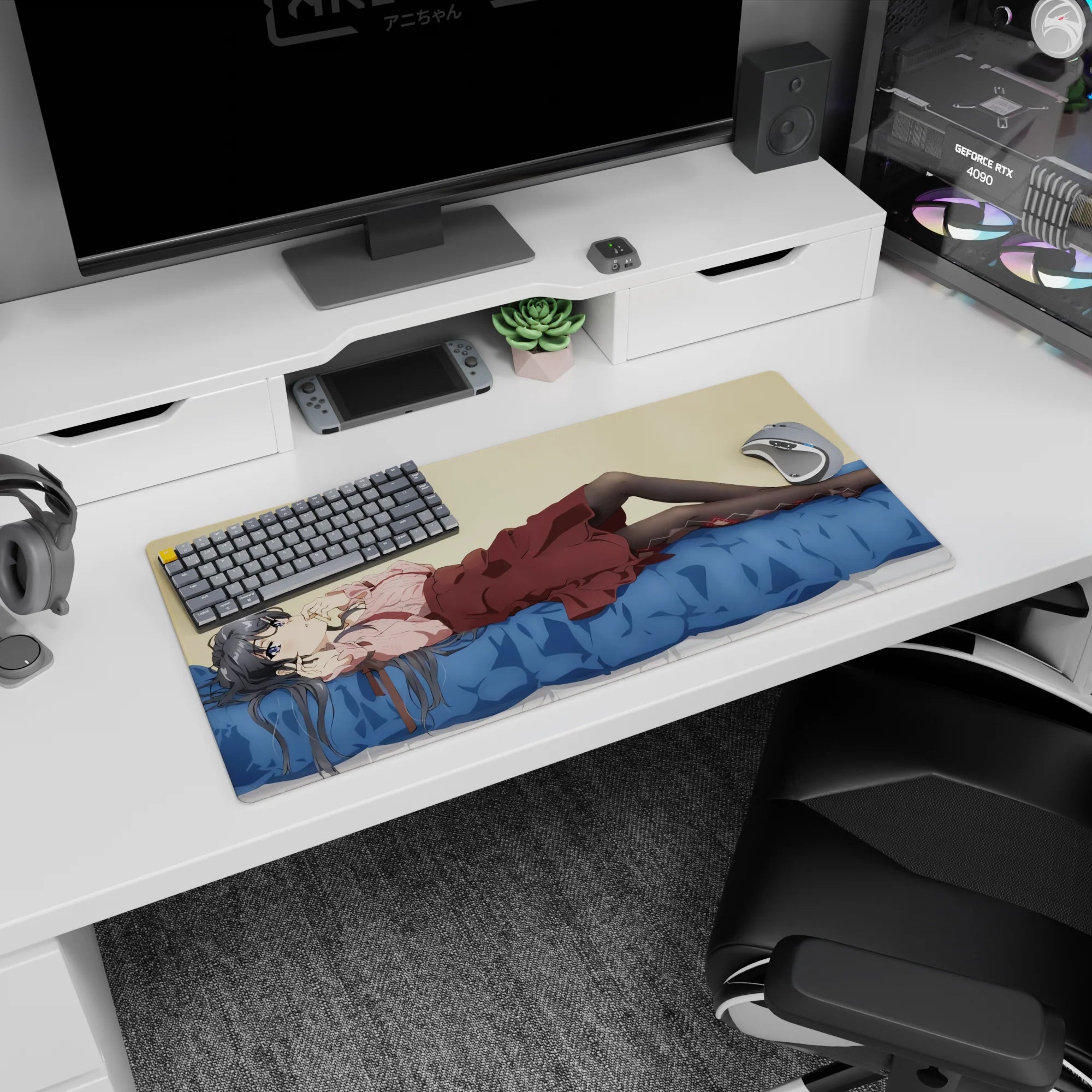 32x16 inches desk mouse pad featuring a silver-haired anime girl in pink frills, maroon skirt, black tights.