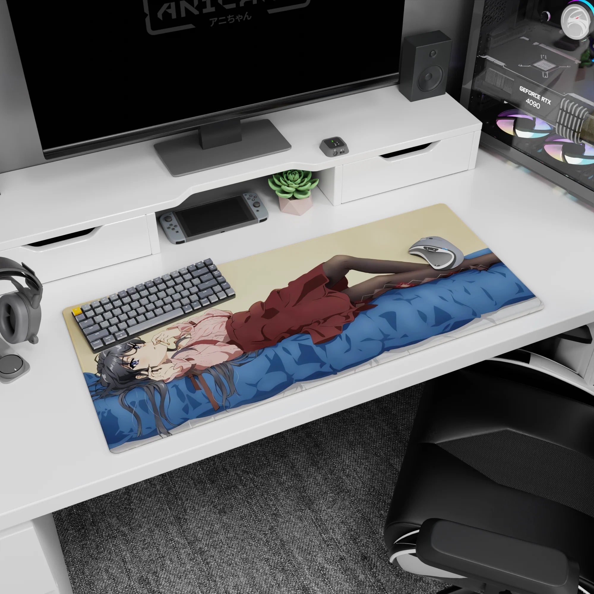 36x16 inches anime desk pad showing silver-haired girl lounging on a blue bed, sparkling eyes.