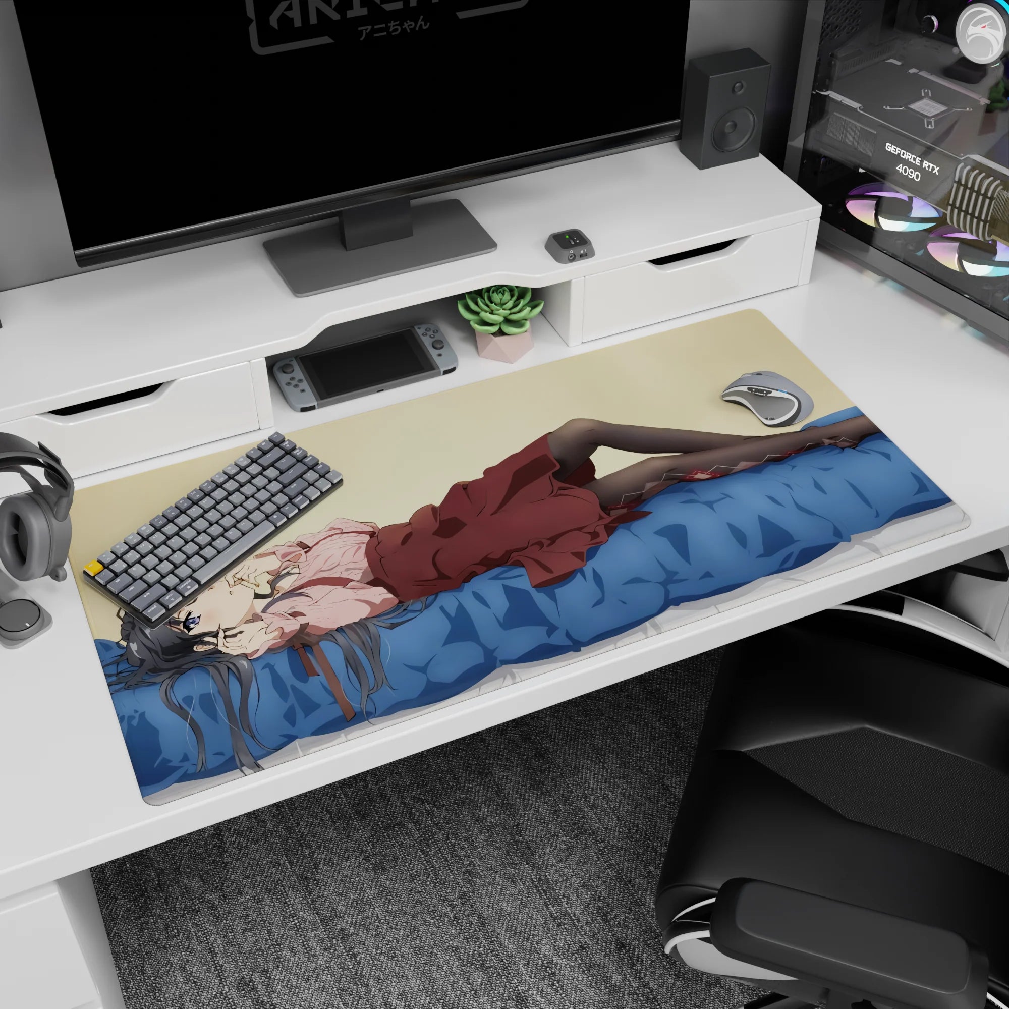 Silver-haired anime girl lounging on blue bed desk pad 40x20 inches, black diamond tights and skirt.