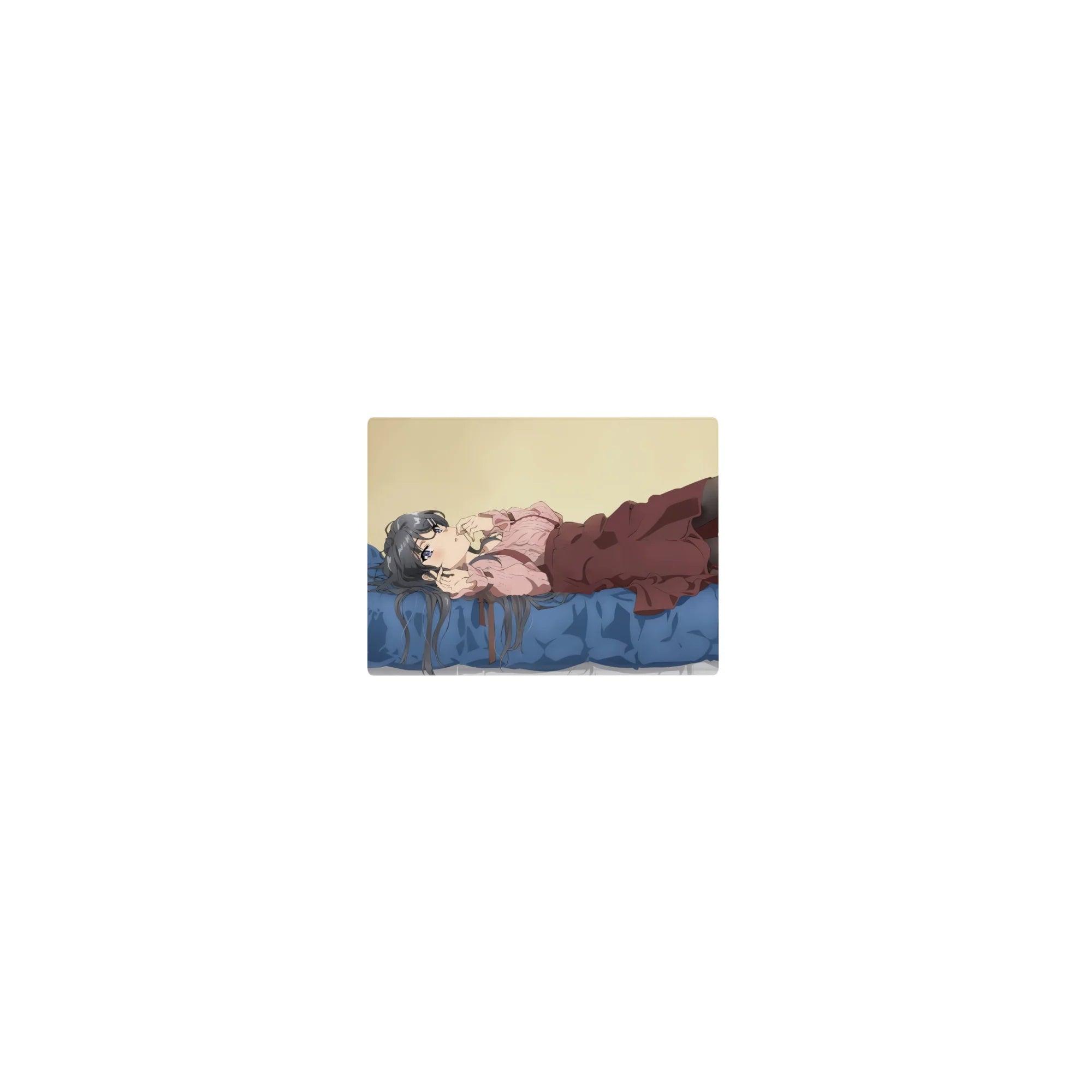 Classic anime girl mouse pad 14x10 inches, silver-haired girl lounging on rumpled blue bed.
