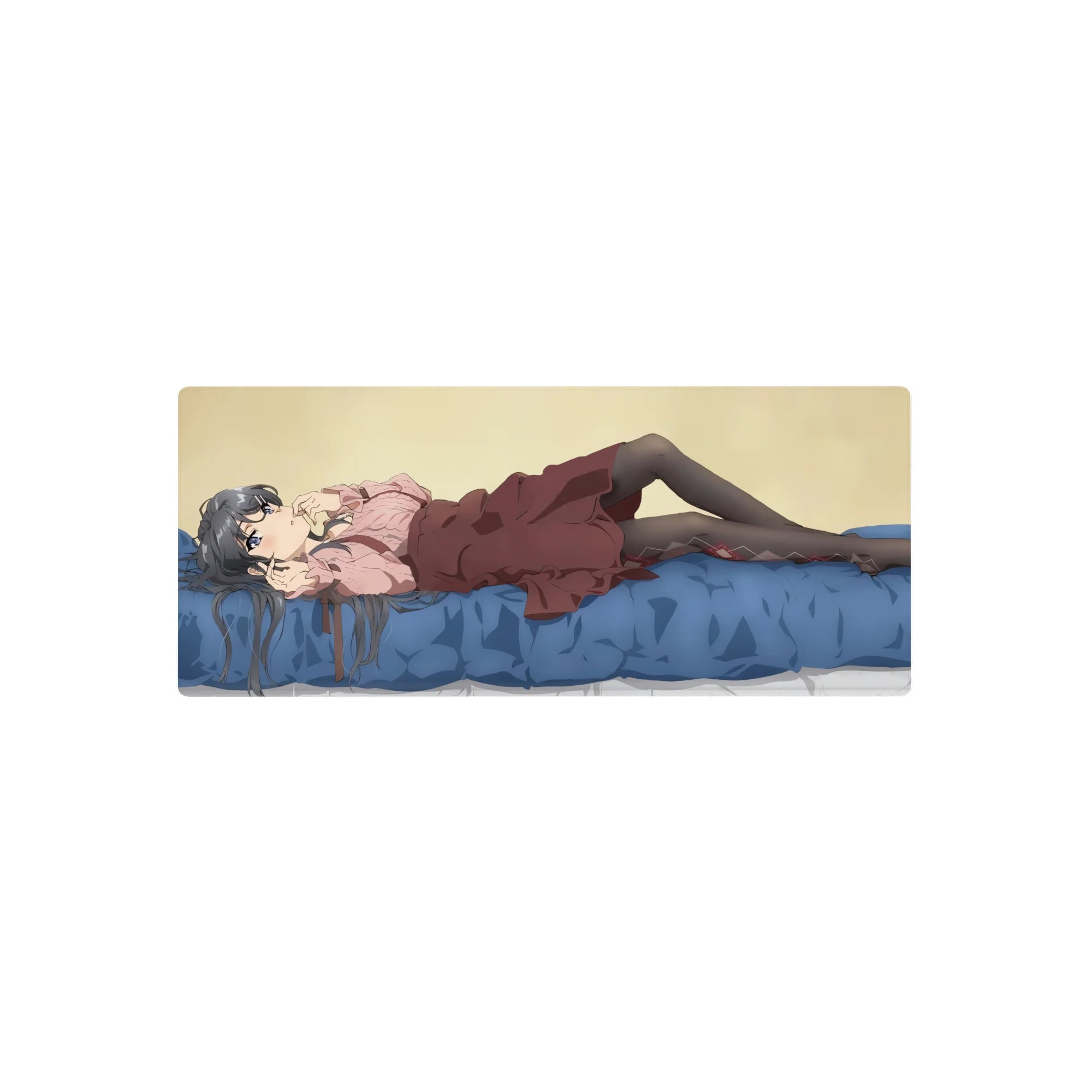 28x12 inches anime girl mouse pad with silver-haired lounging cutie on a rumpled blue bed design.