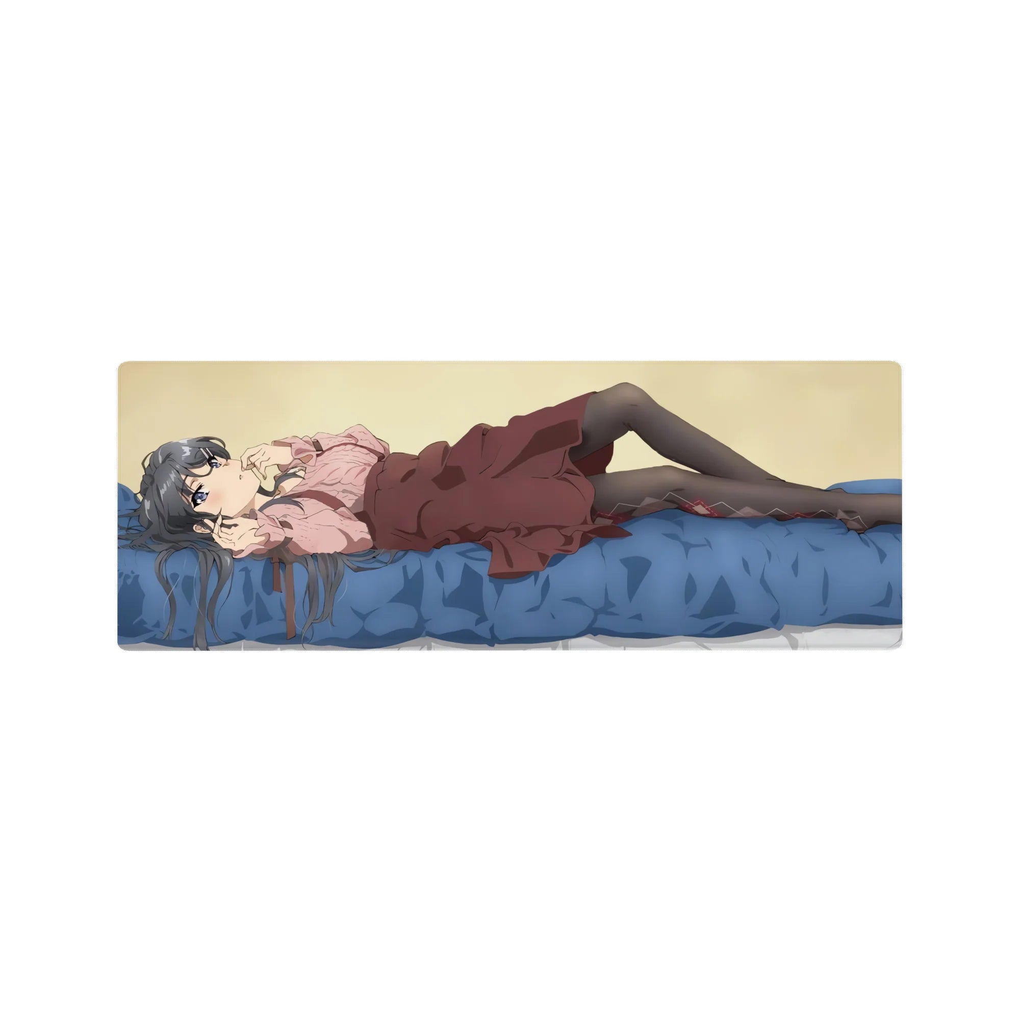 32x12 inches anime girl mouse pad with silver-haired girl on a rumpled blue bed, cute desk mat.