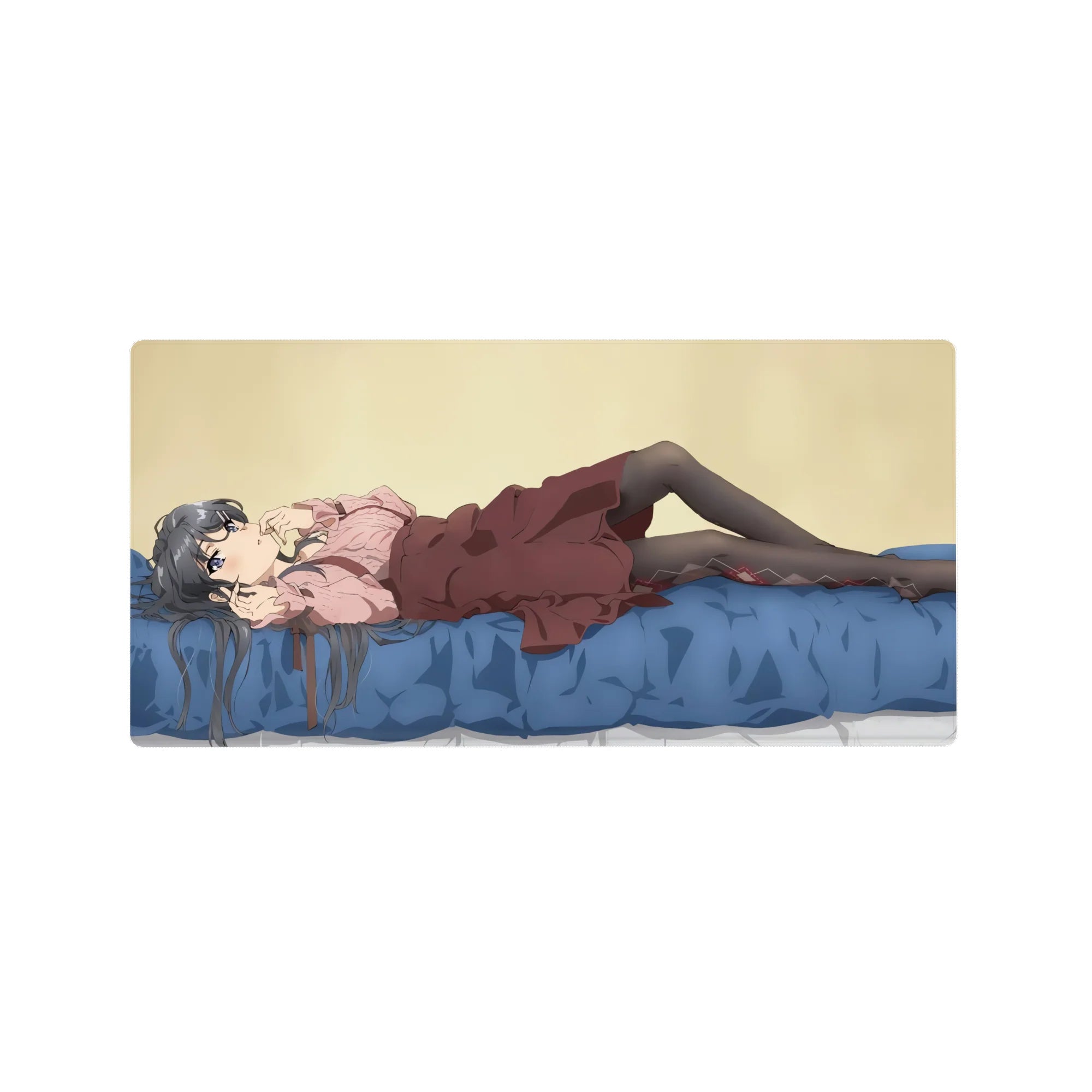32x16 inches anime girl mouse pad with silver-haired girl lounging on a blue bed, cute cozy desk mat.