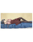 32x16 inches anime girl mouse pad with silver-haired girl lounging on a blue bed, cute cozy desk mat.