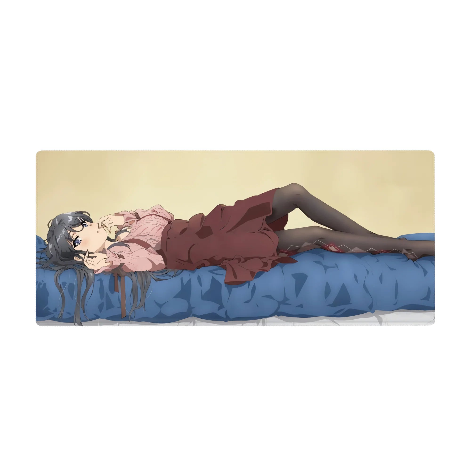 36x16 inches anime girl desk pad with silver-haired girl on rumpled blue bed, frills and tights.